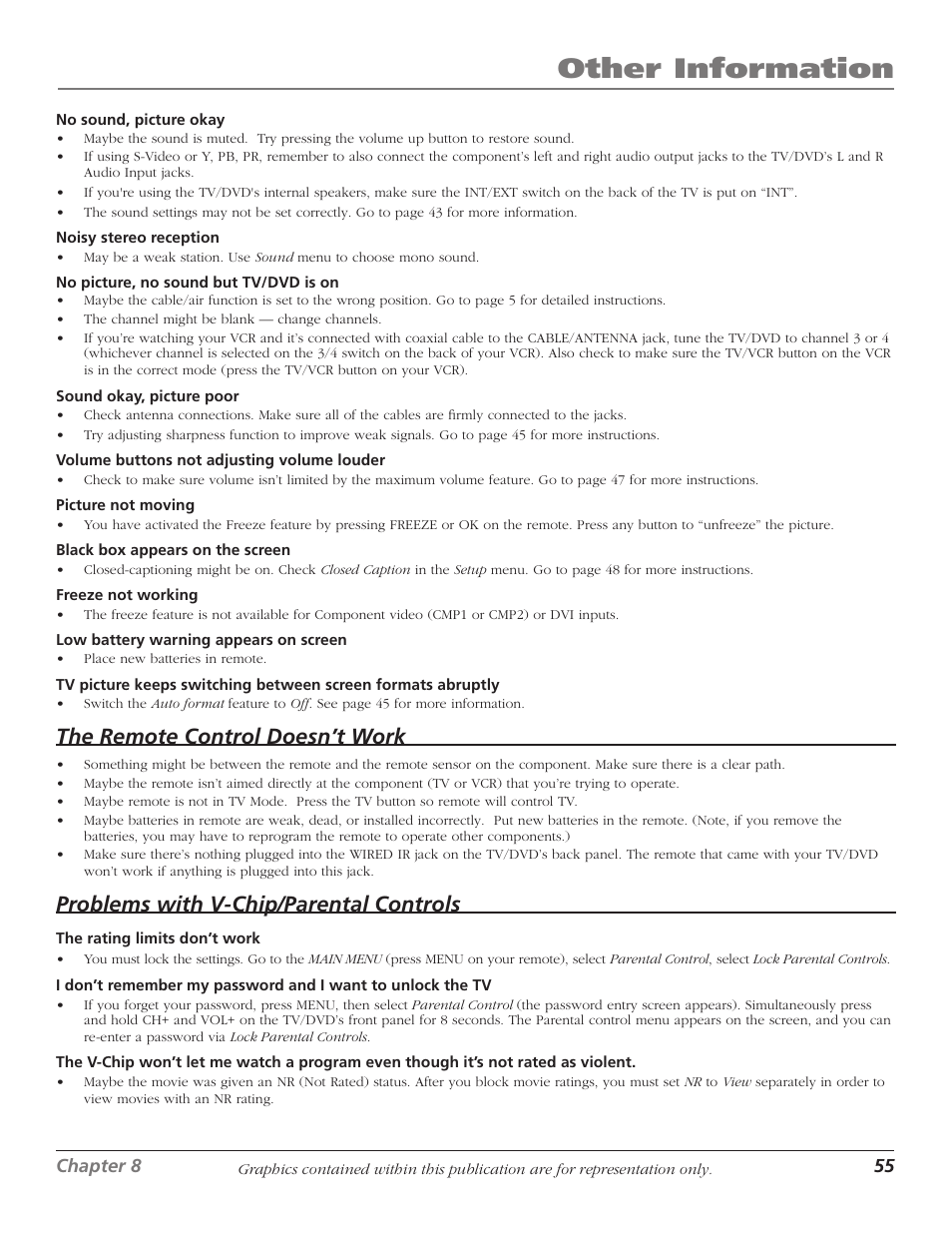 Other information, The remote control doesn’t work, Problems with v-chip/parental controls | RCA HDTVMonitor/DVD User Manual | Page 57 / 64