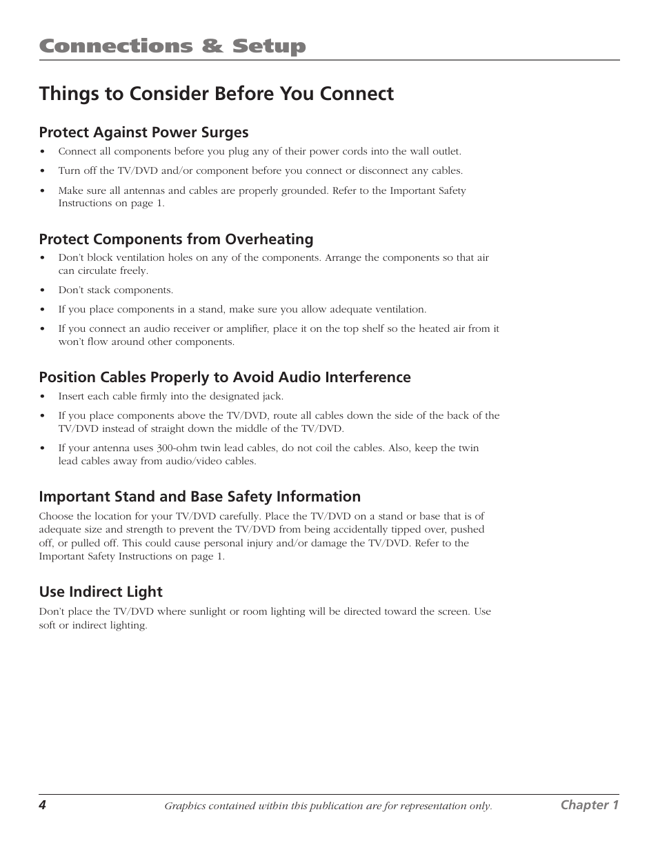 Things to consider before you connect, Chapter 1: connections & setup, Connections & setup | RCA HDTVMonitor/DVD User Manual | Page 6 / 64