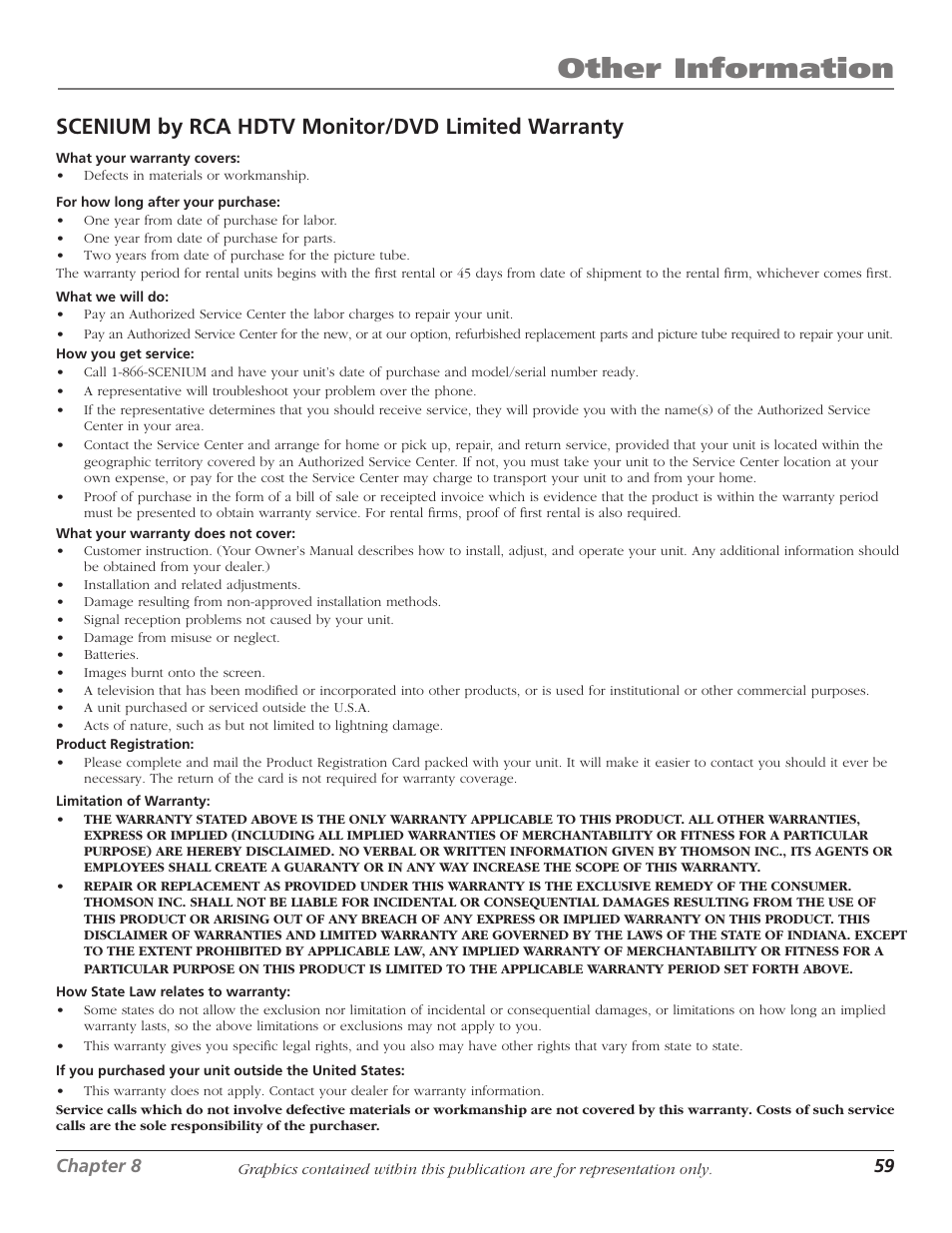 Scenium by rca hdtv monitor/dvd limited warranty, Limited warranty, Other information | RCA HDTVMonitor/DVD User Manual | Page 61 / 64