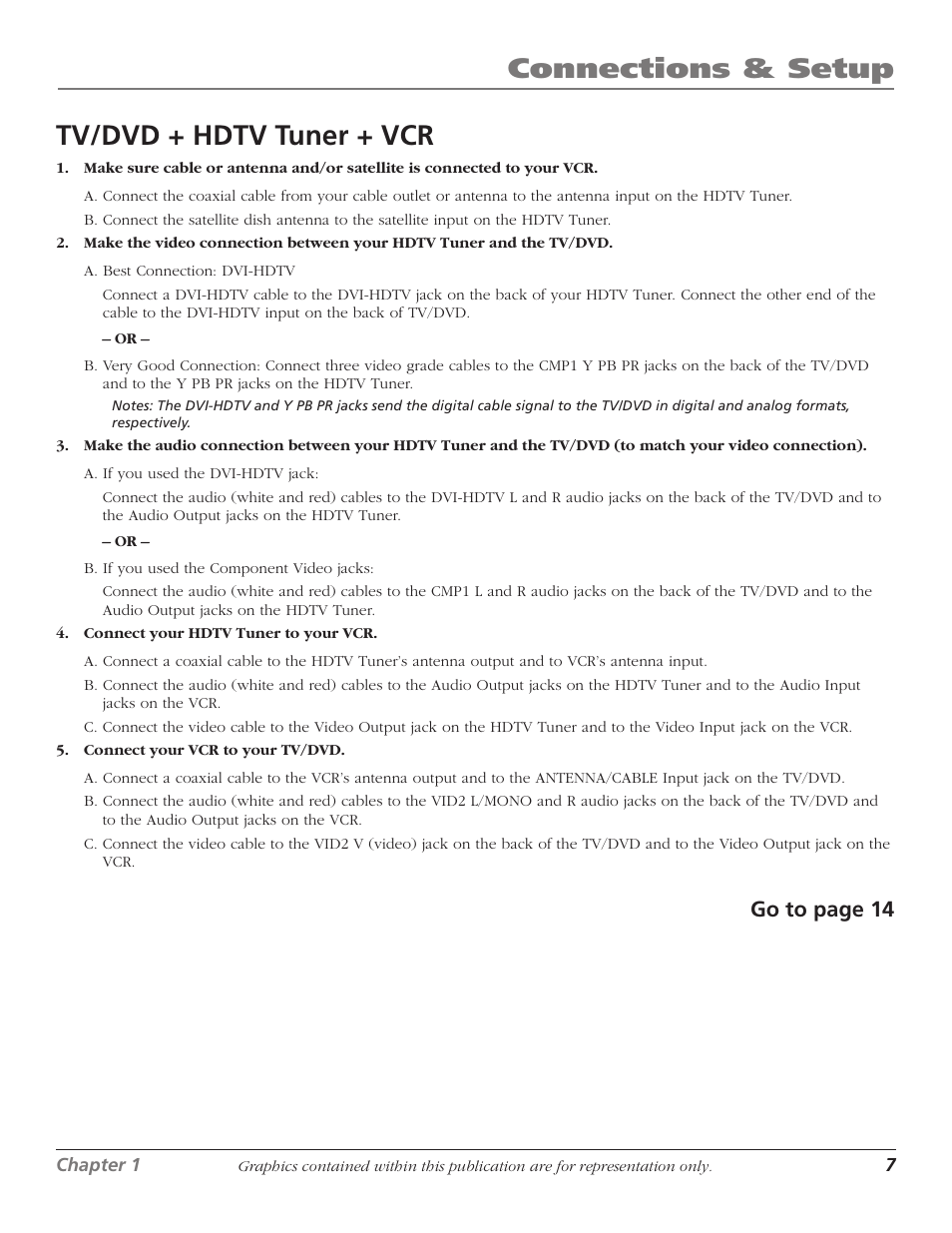 Tv/dvd + hdtv tuner + vcr, Connections & setup, Go to page 14 | RCA HDTVMonitor/DVD User Manual | Page 9 / 64