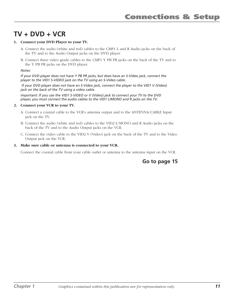 Connections & setup, Tv + dvd + vcr, Go to page 15 | RCA D61W17B User Manual | Page 13 / 48