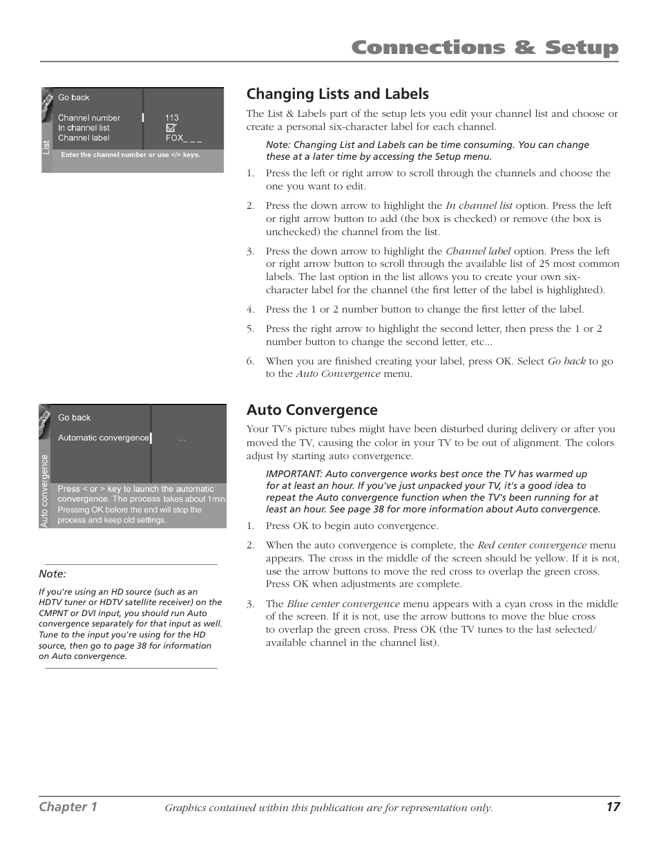 Connections & setup, Changing lists and labels, Auto convergence | RCA D61W17B User Manual | Page 19 / 48