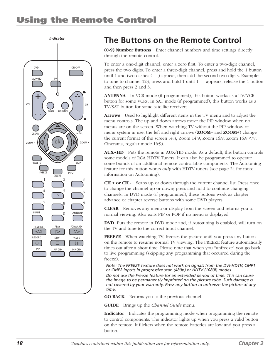 Using the remote control, The buttons on the remote control, 18 chapter 2 | Chapter 2 19 | RCA D61W17B User Manual | Page 20 / 48