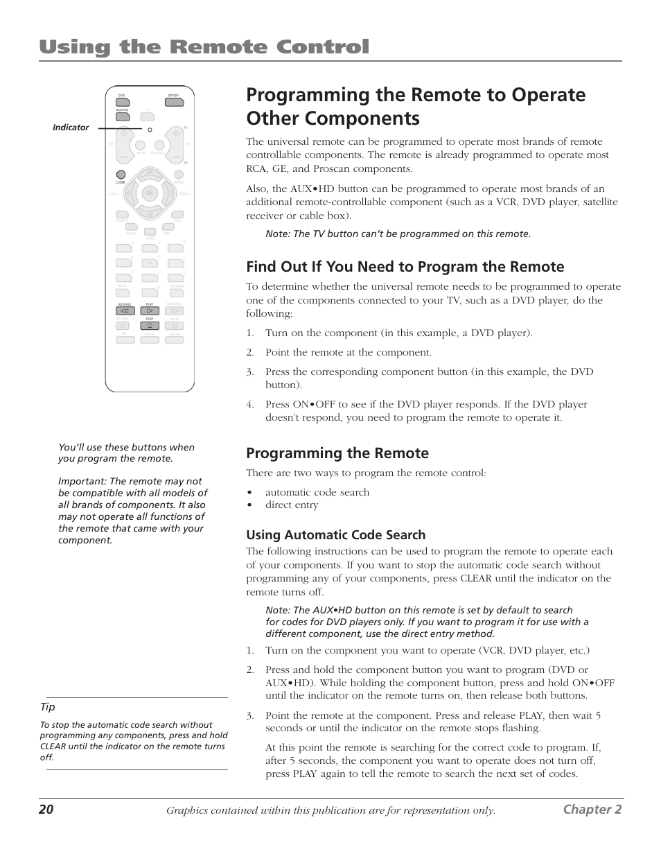 Using the remote control, Programming the remote to operate other components, Find out if you need to program the remote | Programming the remote | RCA D61W17B User Manual | Page 22 / 48