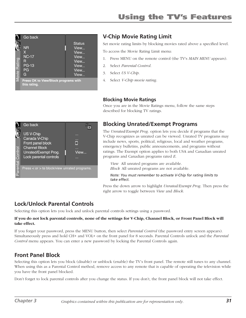 Using the tv’s features, V-chip movie rating limit, Blocking unrated/exempt programs | Lock/unlock parental controls, Front panel block | RCA D61W17B User Manual | Page 33 / 48