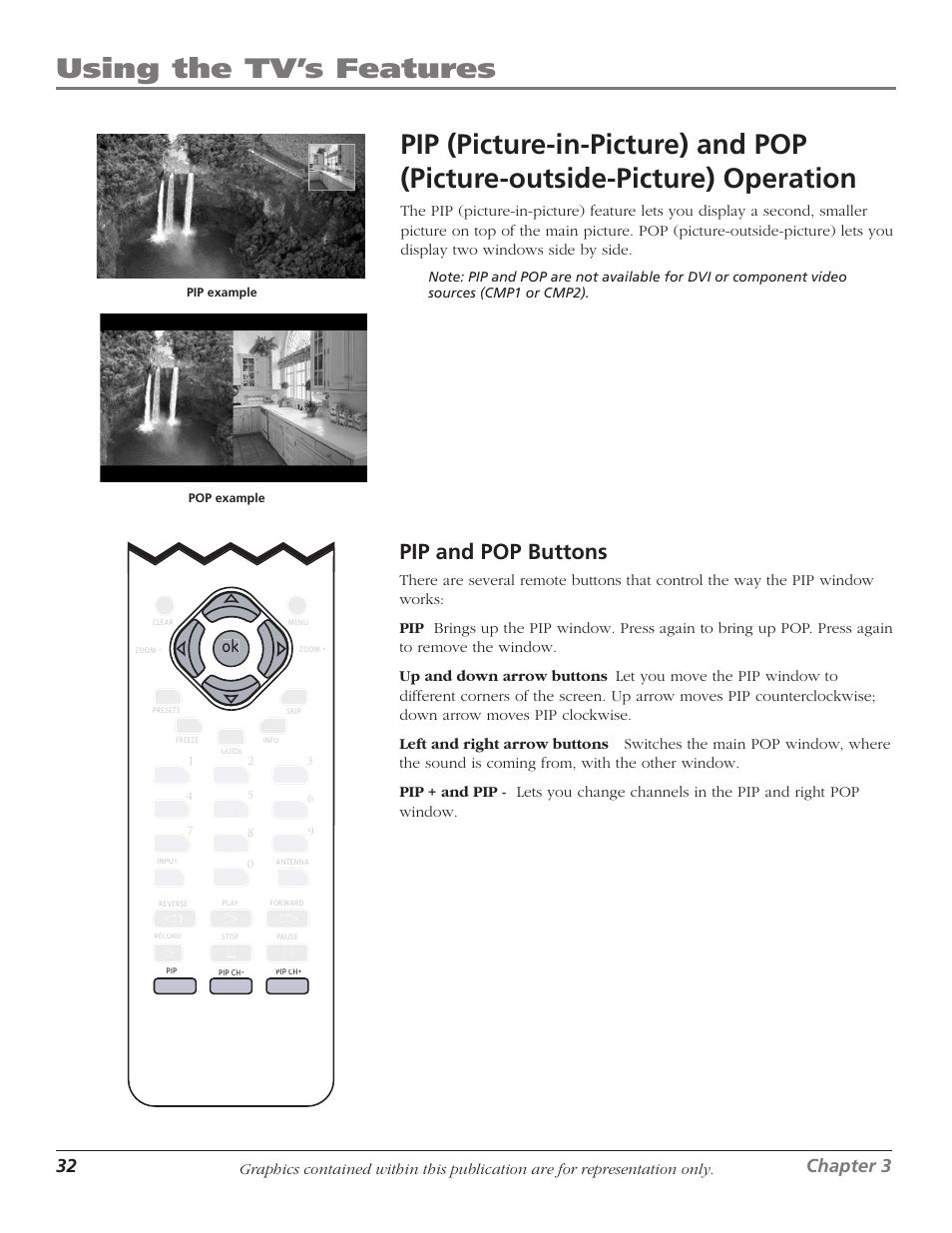 Using the tv’s features, Pip and pop buttons, 32 chapter 3 | RCA D61W17B User Manual | Page 34 / 48