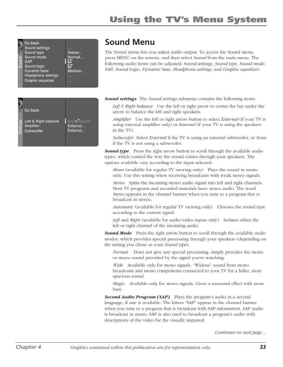 Using the tv’s menu system, Sound menu | RCA D61W17B User Manual | Page 35 / 48