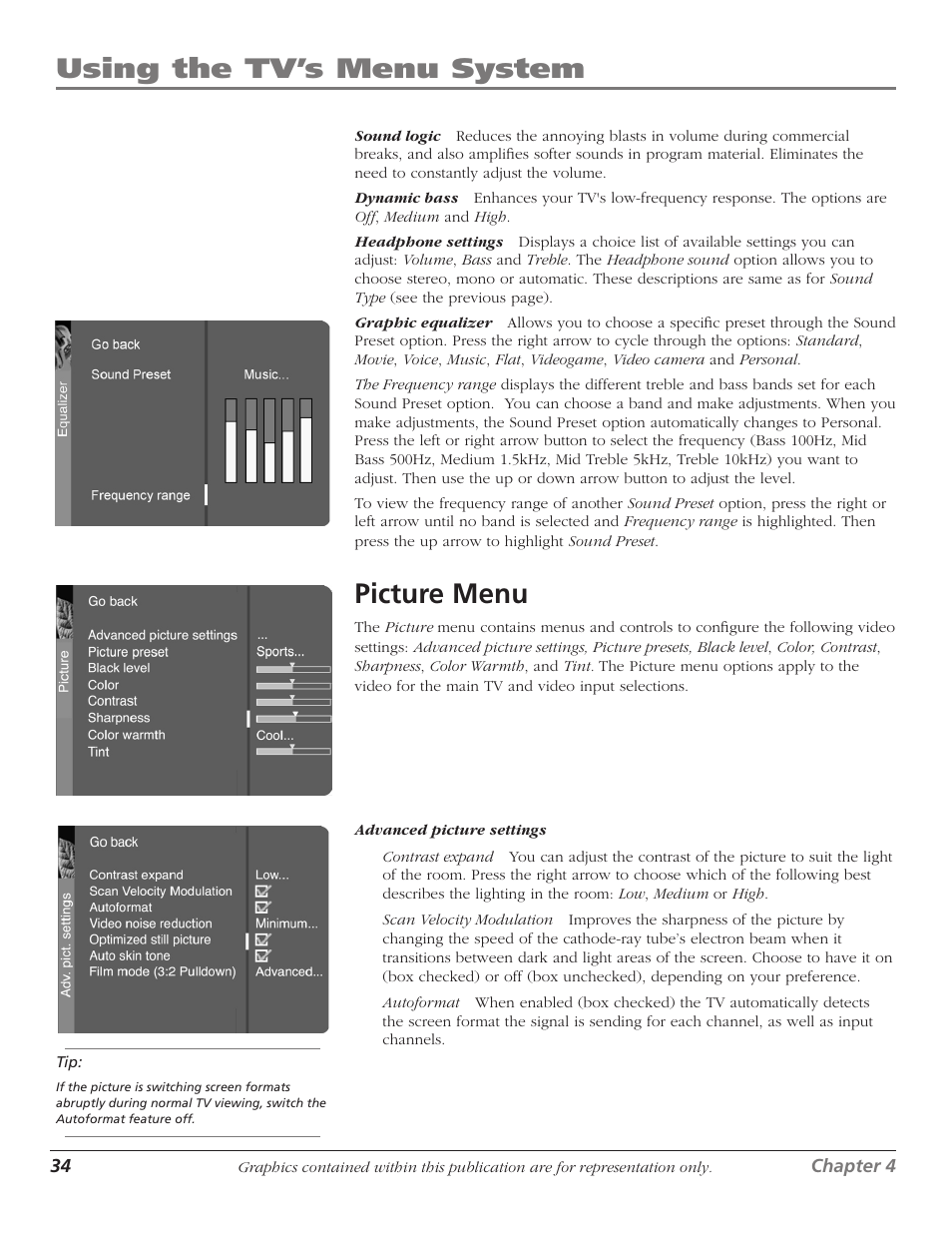Using the tv’s menu system, Picture menu | RCA D61W17B User Manual | Page 36 / 48