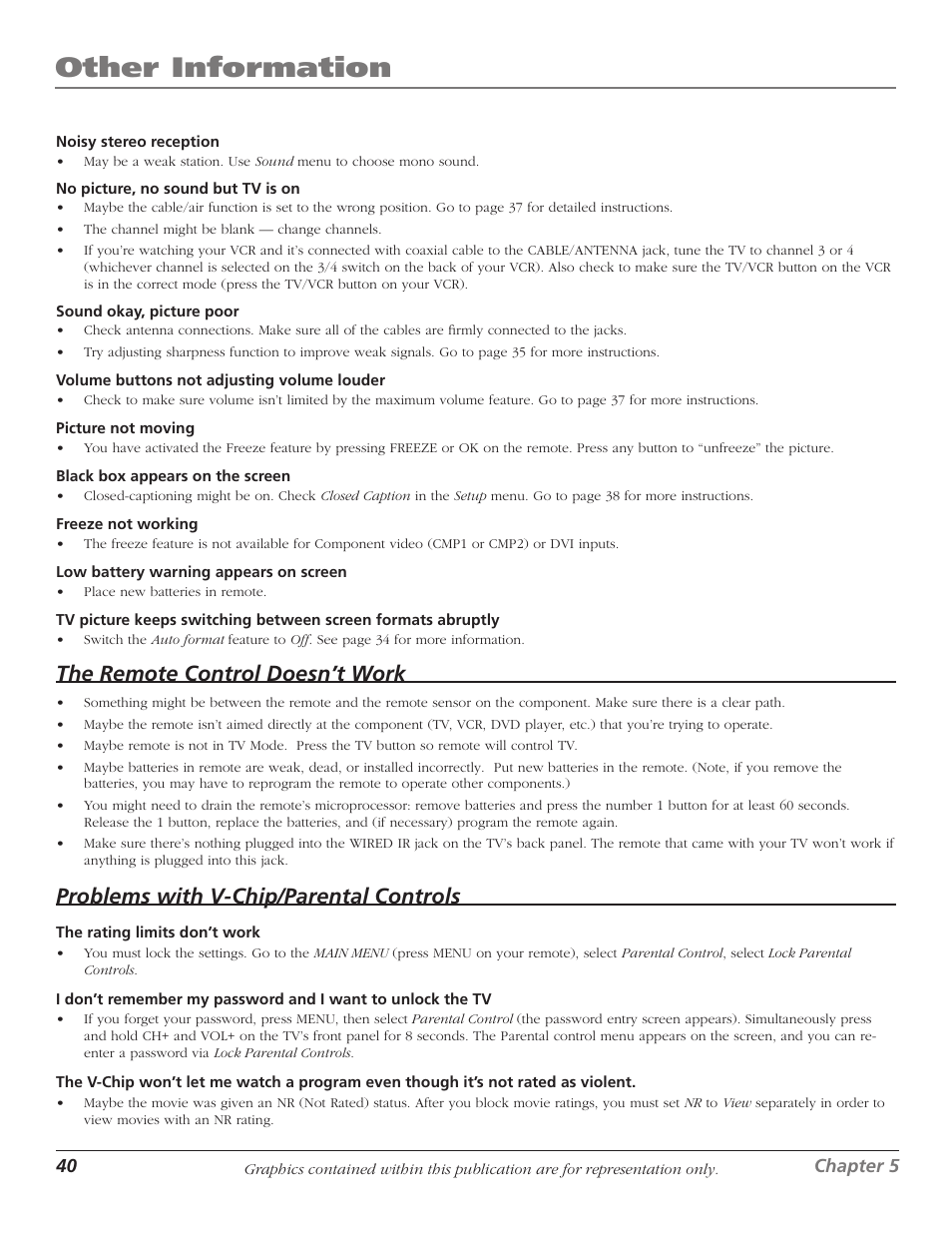 Other information, The remote control doesn’t work, Problems with v-chip/parental controls | RCA D61W17B User Manual | Page 42 / 48