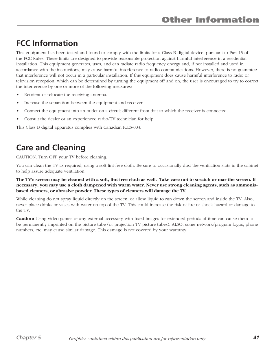 Other information, Fcc information, Care and cleaning | RCA D61W17B User Manual | Page 43 / 48