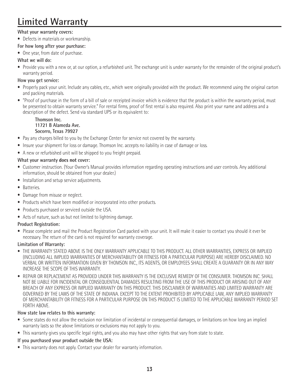 Limited warranty | RCA 25600 MGCP User Manual | Page 13 / 14