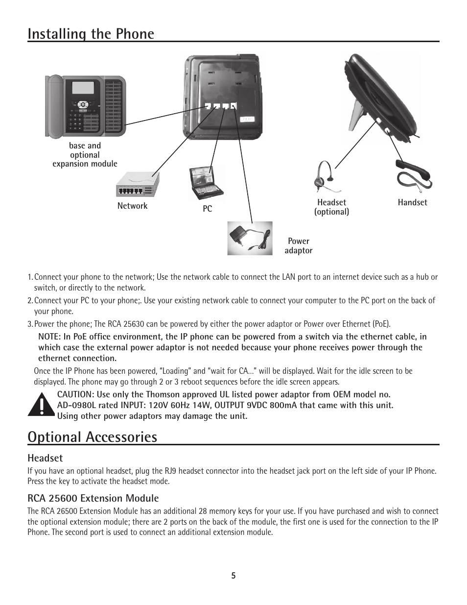 Installing the phone, Optional accessories | RCA 25600 MGCP User Manual | Page 5 / 14