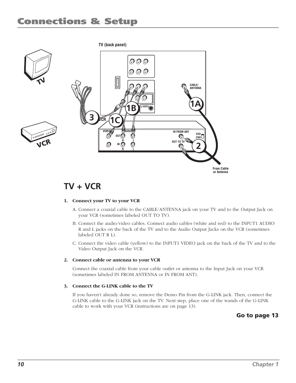 Connections & setup tv + vcr, 10 chapter 1, Go to page 13 | RCA F27TF700 User Manual | Page 12 / 64