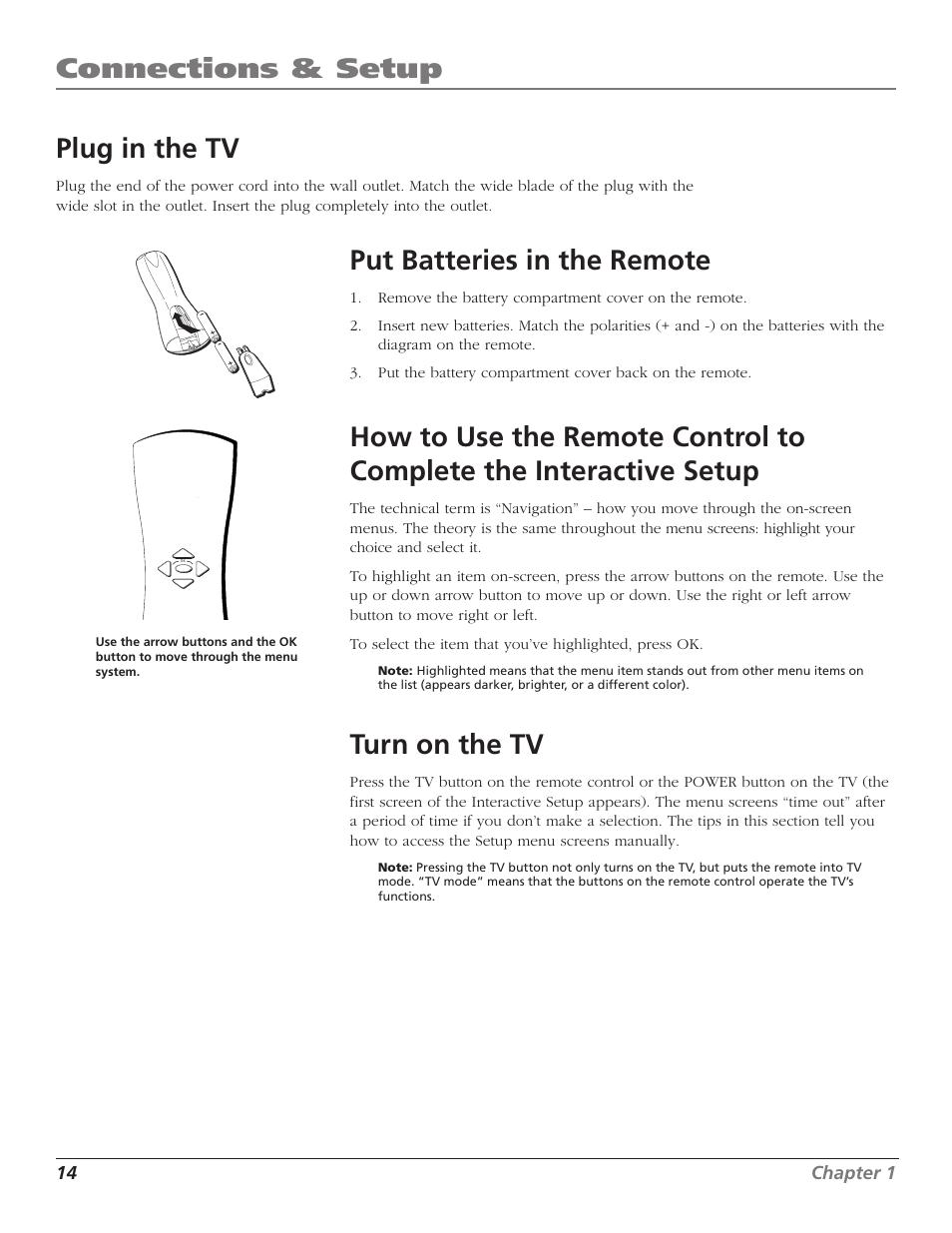 Connections & setup, Plug in the tv, Put batteries in the remote | Turn on the tv | RCA F27TF700 User Manual | Page 16 / 64