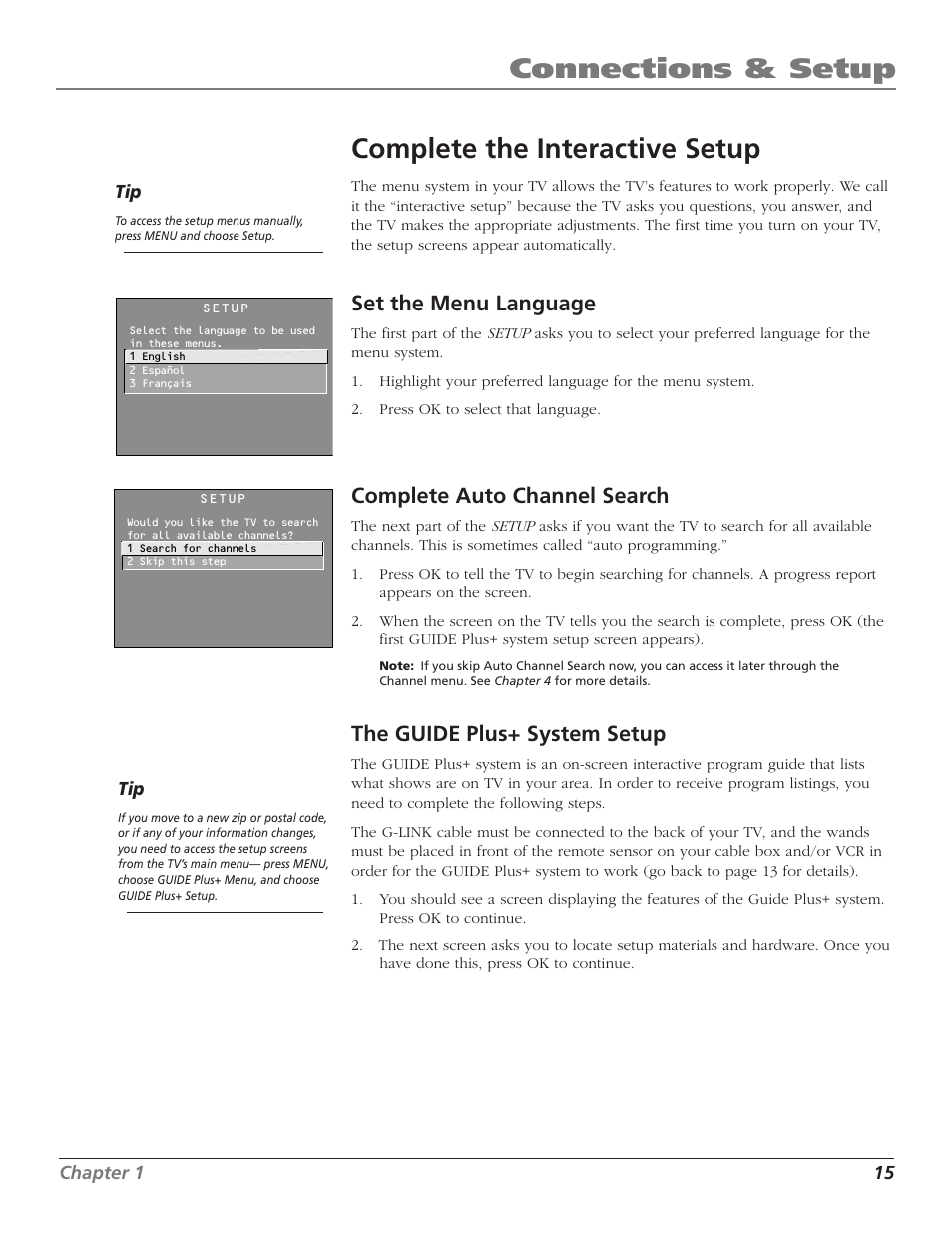 Connections & setup complete the interactive setup, Set the menu language, Complete auto channel search | The guide plus+ system setup | RCA F27TF700 User Manual | Page 17 / 64