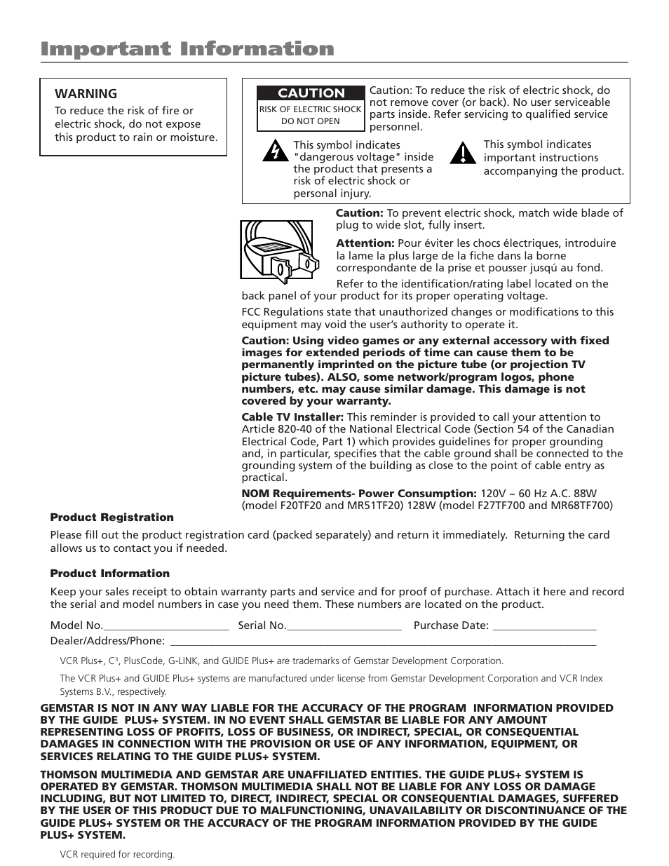 Important information | RCA F27TF700 User Manual | Page 2 / 64