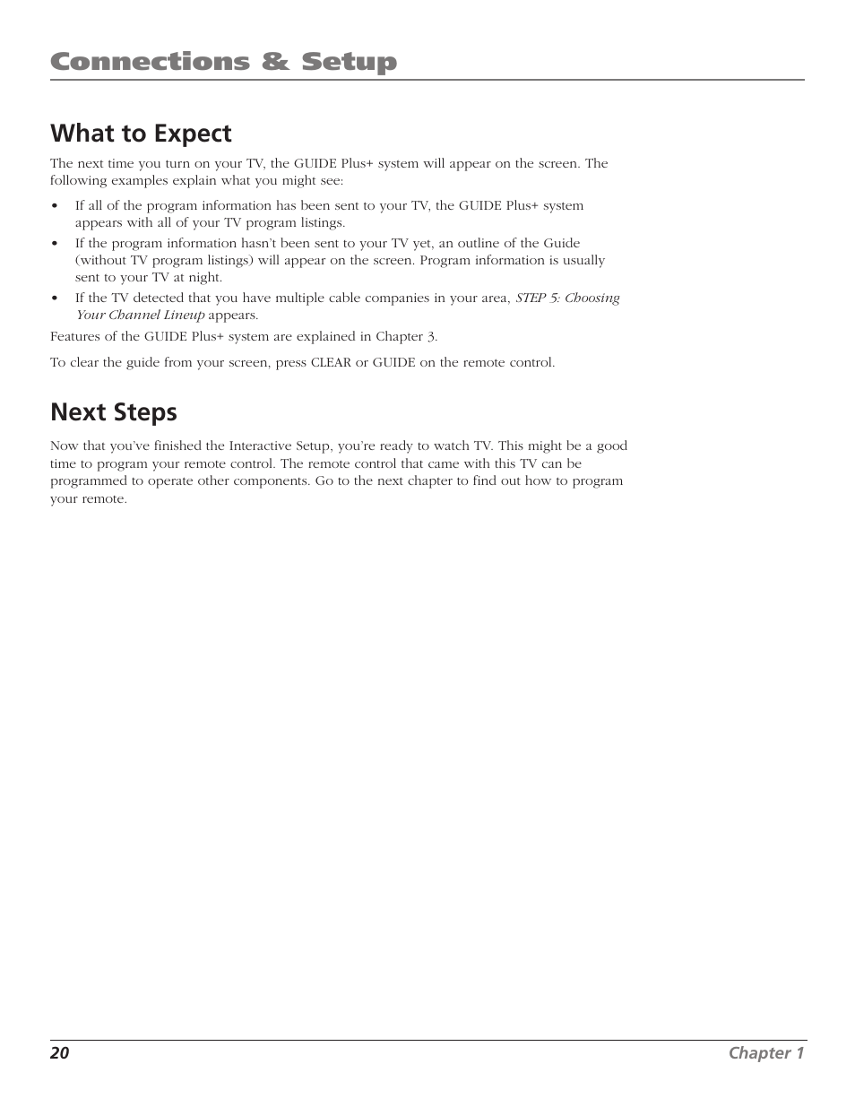 Connections & setup what to expect, Next steps | RCA F27TF700 User Manual | Page 22 / 64