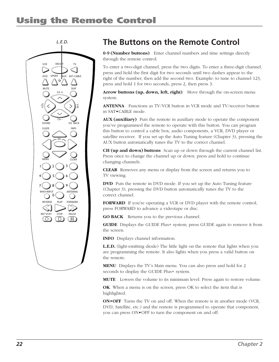 Using the remote control, The buttons on the remote control, 22 chapter 2 | RCA F27TF700 User Manual | Page 24 / 64