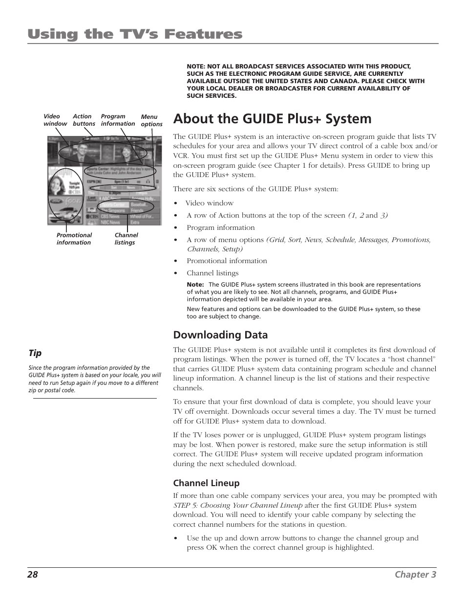 Using the tv’s features, About the guide plus+ system, Downloading data | RCA F27TF700 User Manual | Page 30 / 64