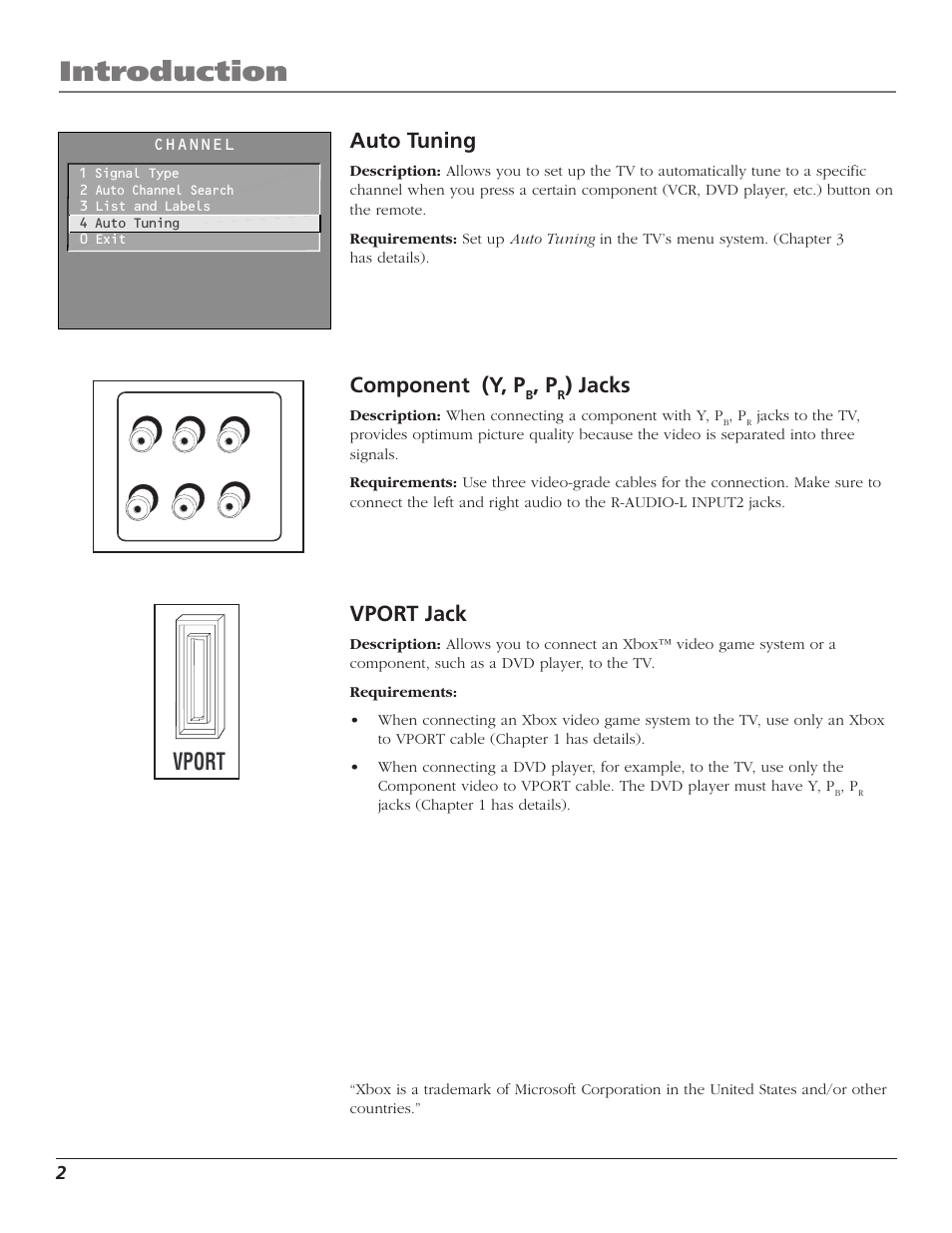 Introduction, Vport, Auto tuning | Component (y, p, Jacks, Vport jack | RCA F27TF700 User Manual | Page 4 / 64