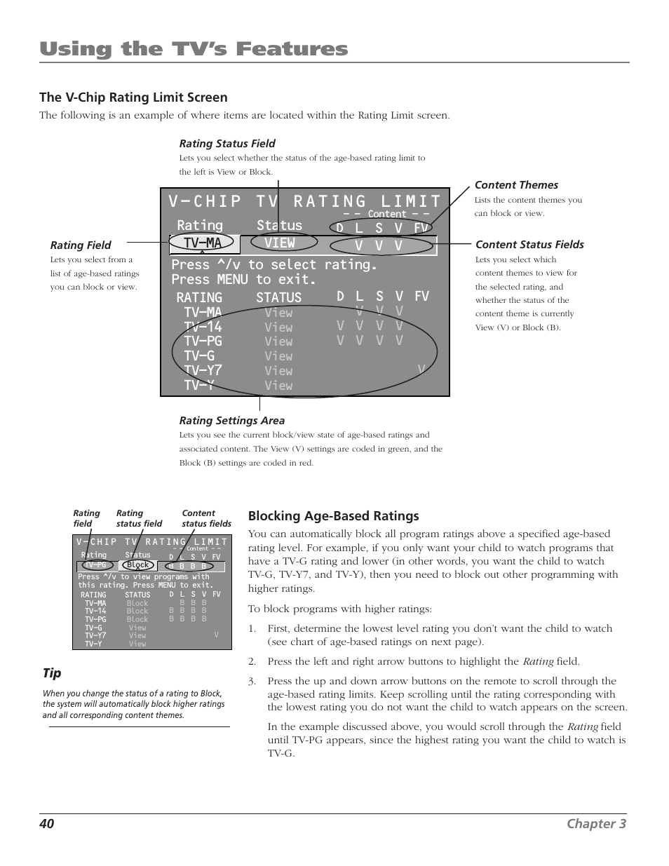 Using the tv’s features, V-chip tv rating limit, Rating status tv-ma view | Tv-14, Tv-pg, Tv-g, Tv-y7, Tv-y, View | RCA F27TF700 User Manual | Page 42 / 64