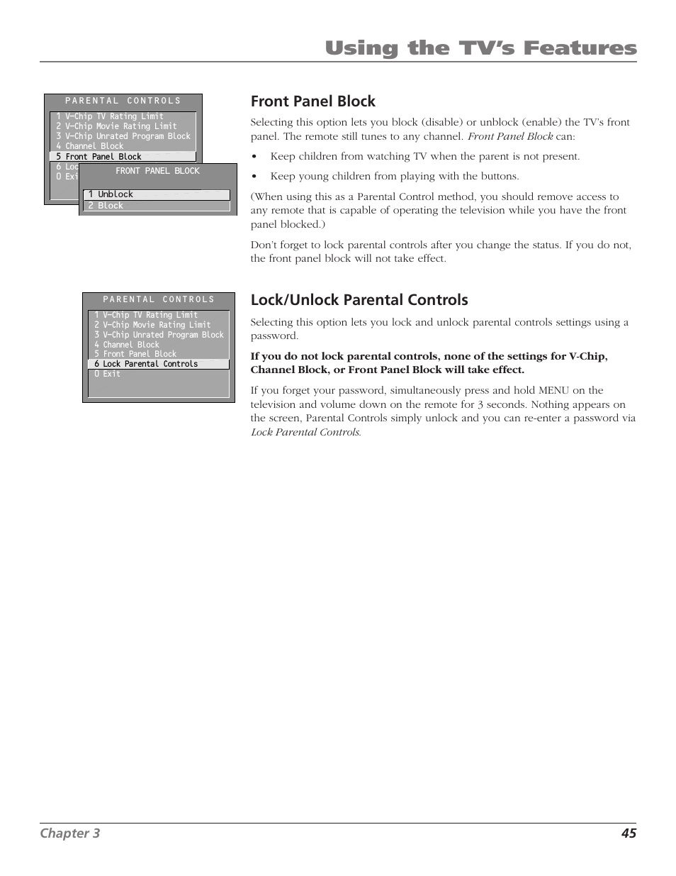 Using the tv’s features, Front panel block, Lock/unlock parental controls | RCA F27TF700 User Manual | Page 47 / 64