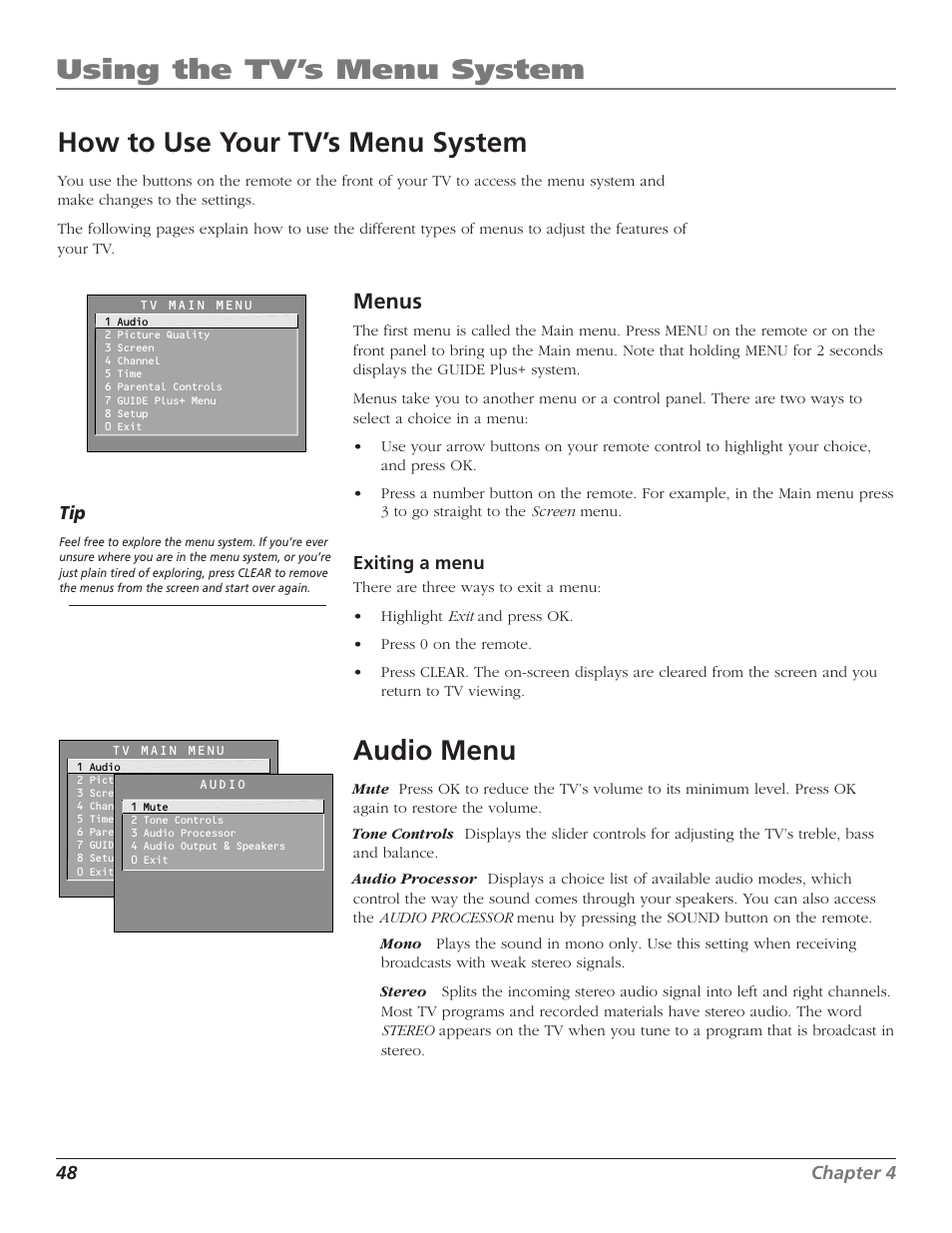 Using the tv’s menu system, How to use your tv’s menu system, Audio menu | Menus | RCA F27TF700 User Manual | Page 50 / 64