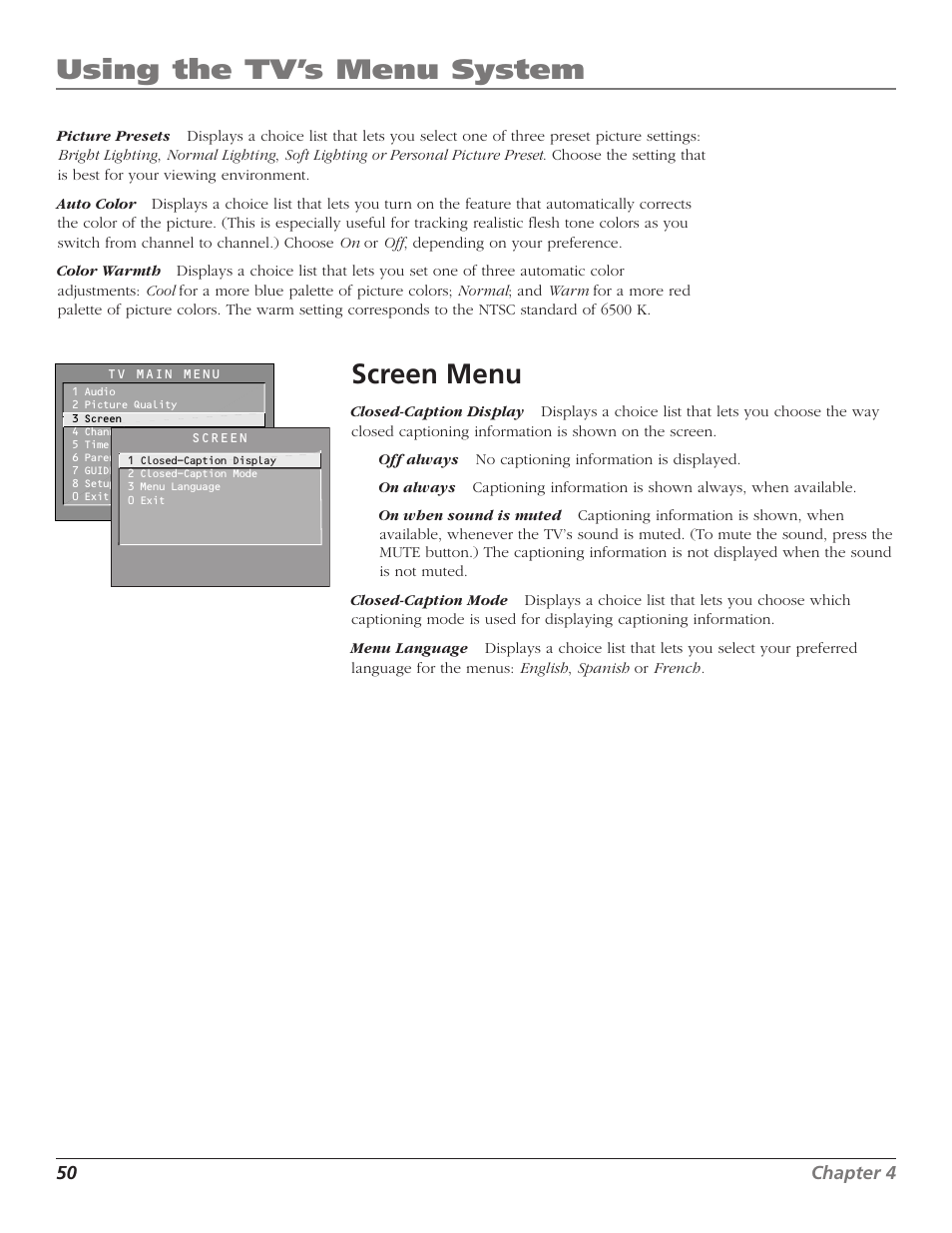 Using the tv’s menu system, Screen menu | RCA F27TF700 User Manual | Page 52 / 64