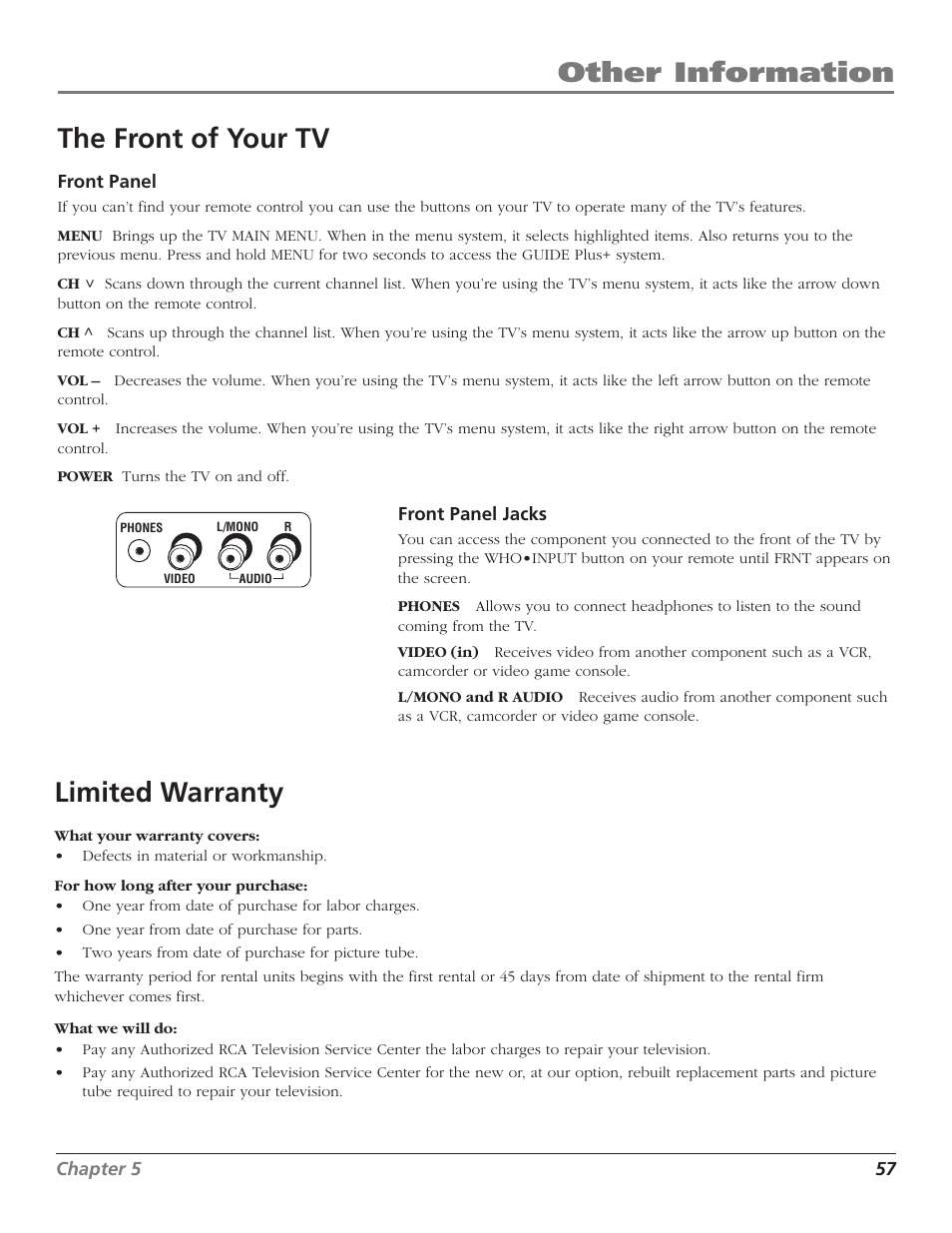 Other information the front of your tv, Limited warranty | RCA F27TF700 User Manual | Page 59 / 64