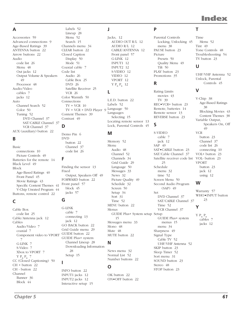 Index, Chapter 5 61 | RCA F27TF700 User Manual | Page 63 / 64