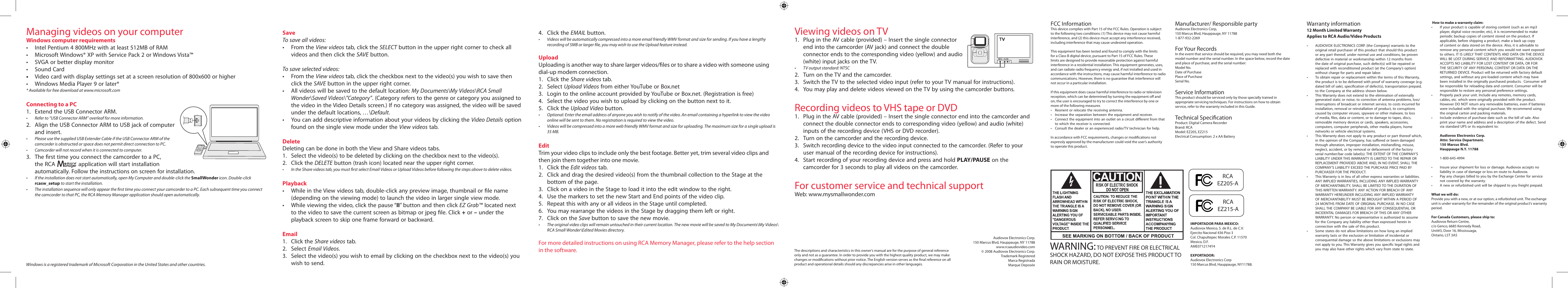 Managing videos on your computer, Viewing videos on tv, Recording videos to vhs tape or dvd | For customer service and technical support, Warning | RCA EZ 215 User Manual | Page 2 / 2