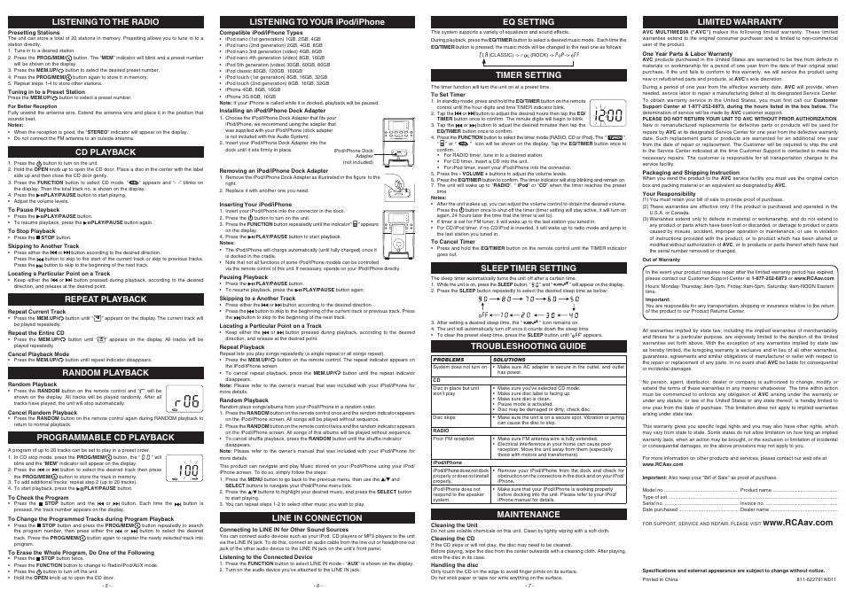 Eq setting line in connection, Maintenance, Sleep timer setting | RCA RS2127iH User Manual | Page 2 / 2