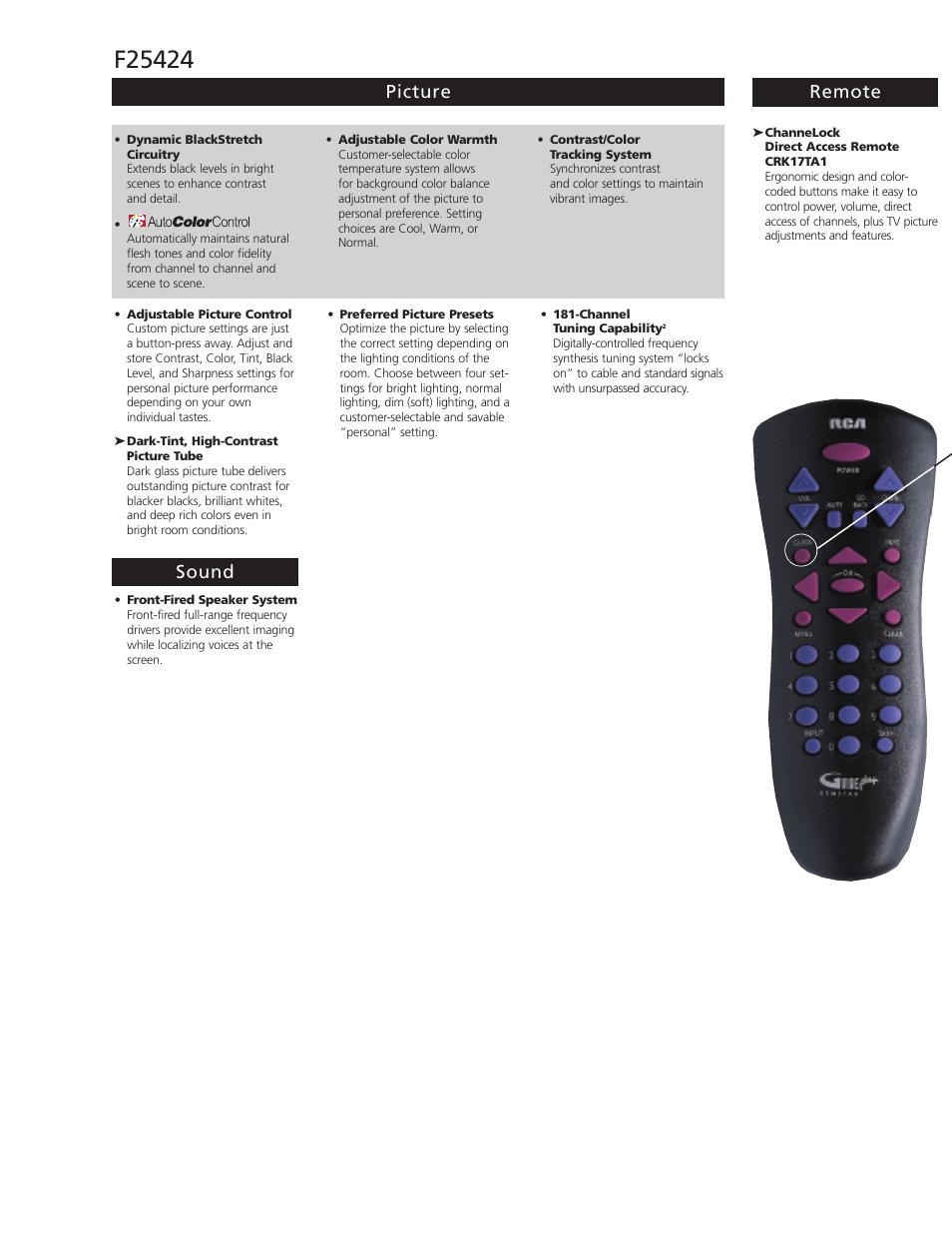 Picture remote sound | RCA F25424 User Manual | Page 2 / 4