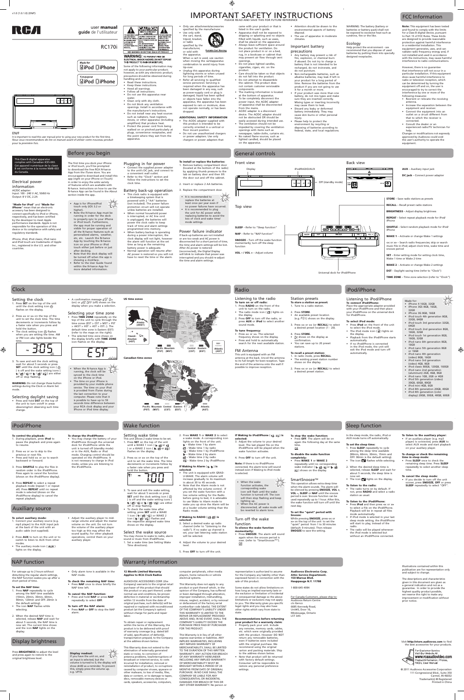 Important safety instructions, Washington oregon arizona new mexico, Oklahoma kansas colorado utah nevada | Idaho, Summer winter winnipeg saskatoon regina | RCA RC170I User Manual | Page 2 / 10