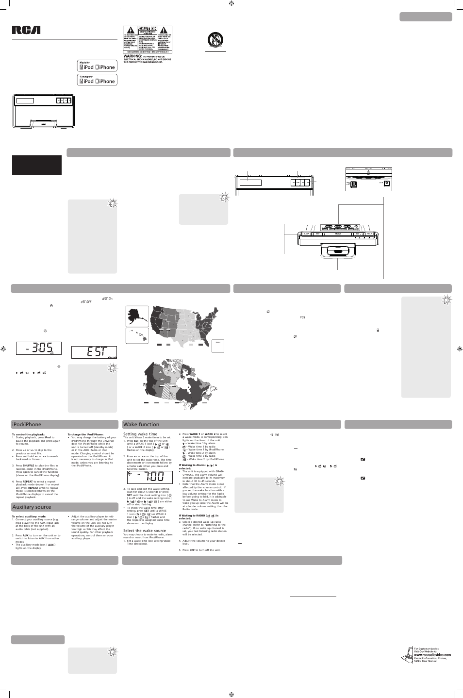 Wake function, Ipod/iphone, Auxiliary source | RCA RC170I User Manual | Page 6 / 10