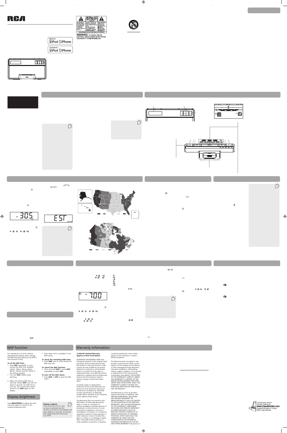 Display brightness, Nap function, Warranty information | RCA RC170I User Manual | Page 8 / 10
