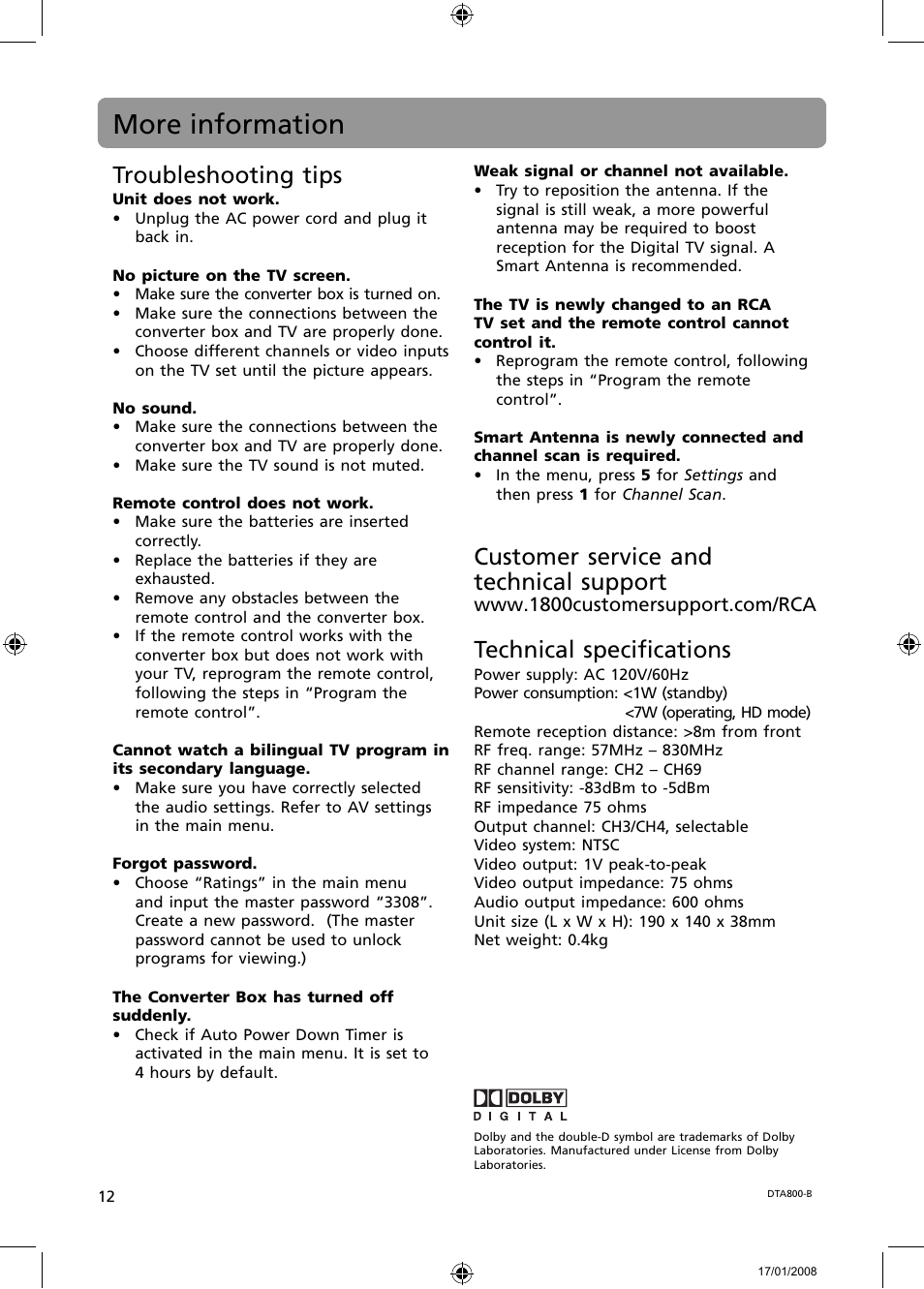 More information, Troubleshooting tips, Customer service and technical support | Technical specifi cations | RCA B-008ATD User Manual | Page 12 / 28