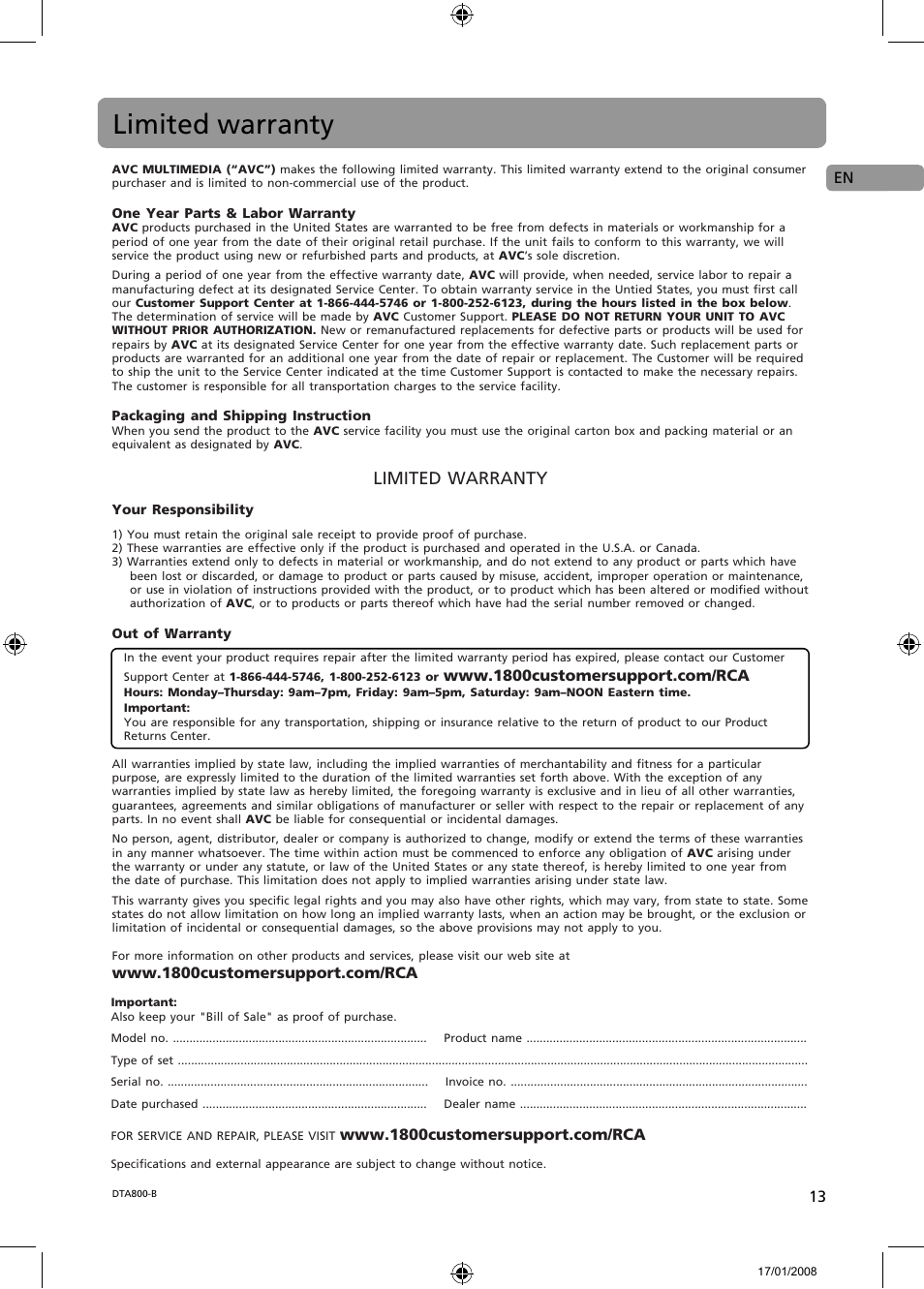 Limited warranty | RCA B-008ATD User Manual | Page 13 / 28