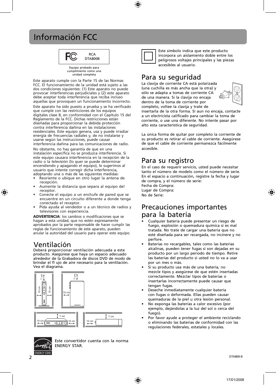 Información fcc, Para su seguridad, Para su registro | Precauciones importantes para la batería, Ventilación | RCA B-008ATD User Manual | Page 14 / 28