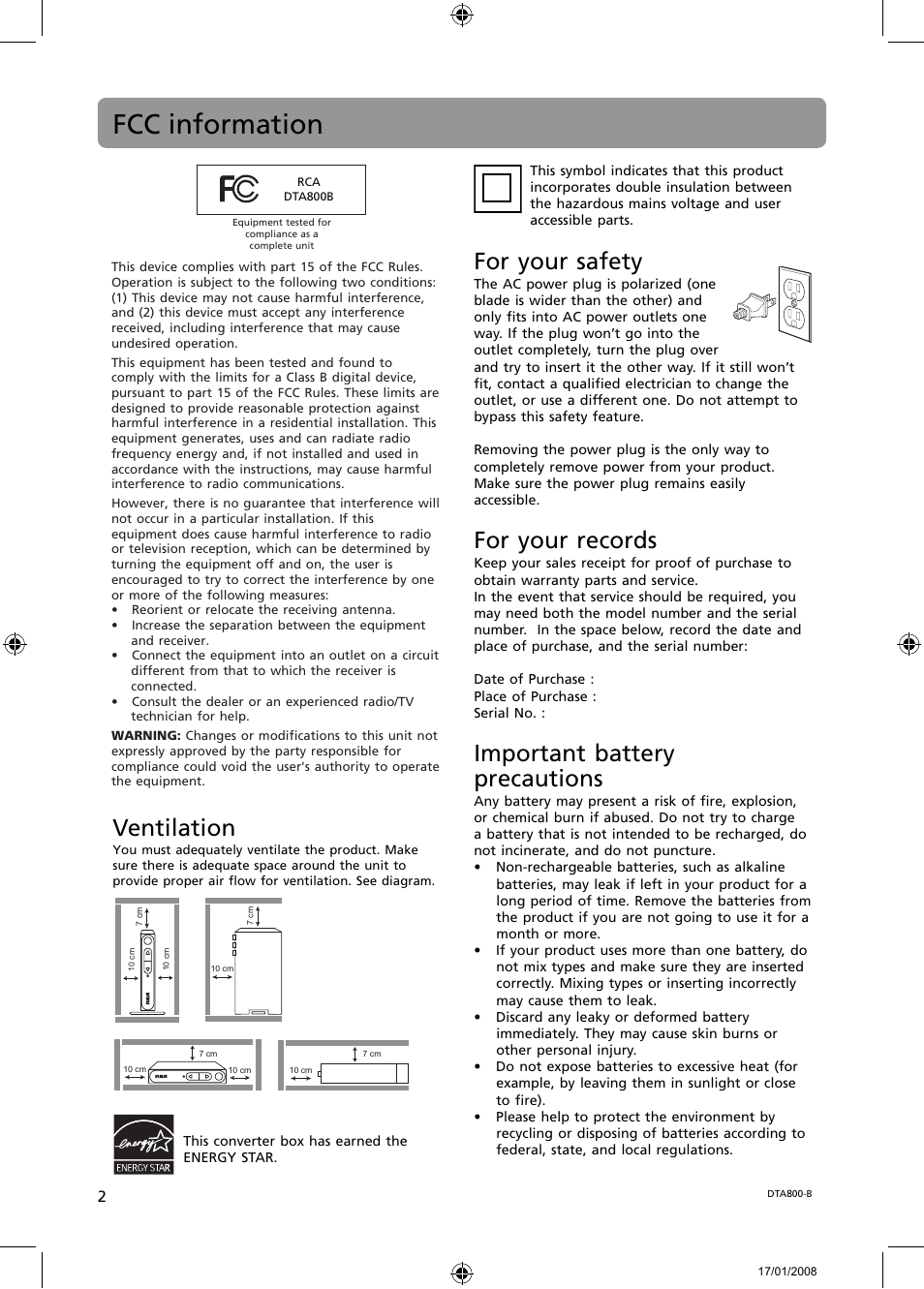 68000-0285-001 update by 26-1-2008, Fcc information, For your safety | For your records, Important battery precautions, Ventilation | RCA B-008ATD User Manual | Page 2 / 28