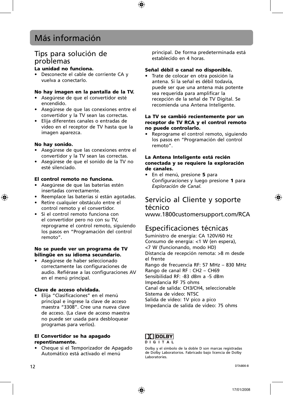 Más información, Tips para solución de problemas, Servicio al cliente y soporte técnico | Especifi caciones técnicas | RCA B-008ATD User Manual | Page 24 / 28