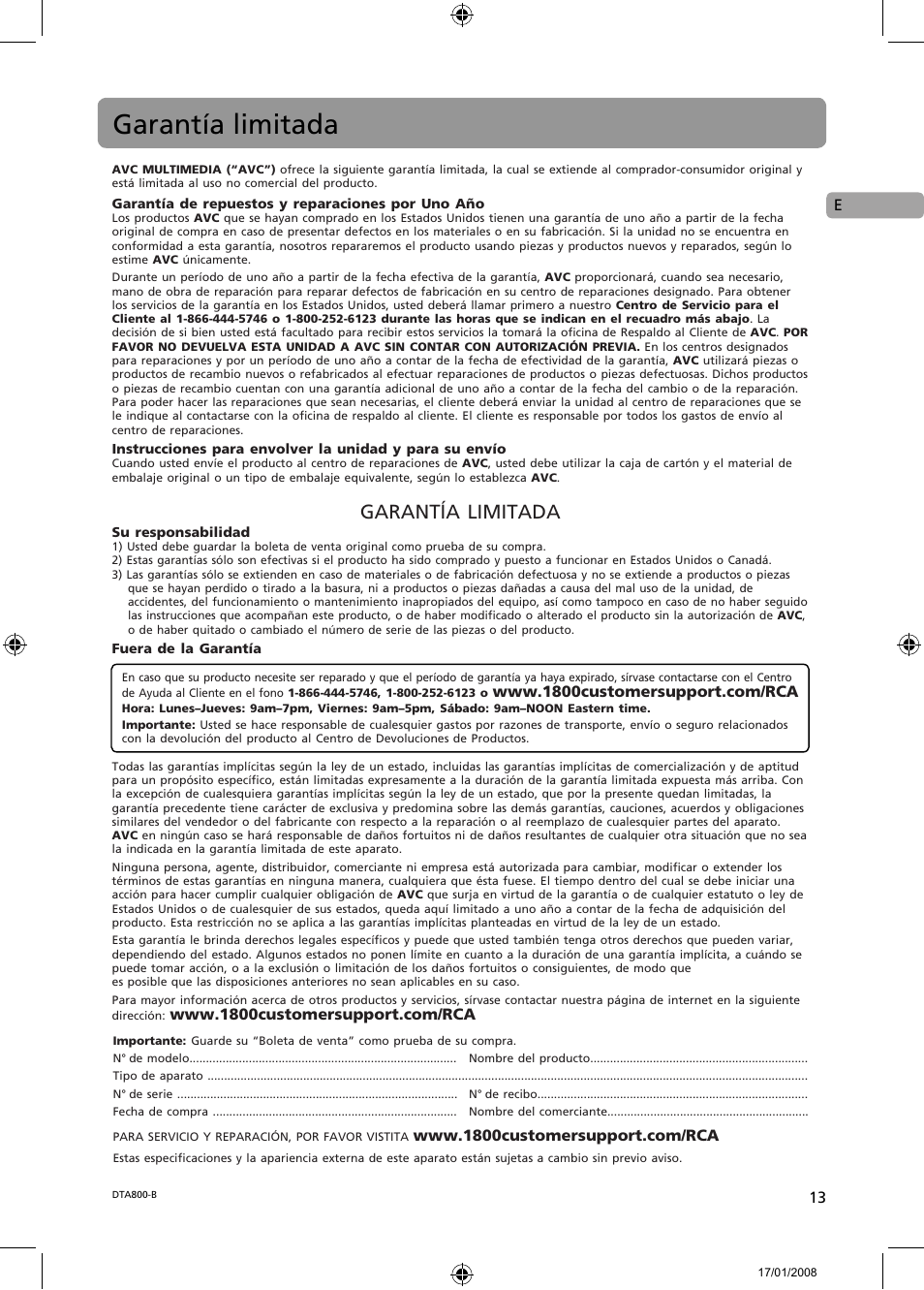 Garantía limitada | RCA B-008ATD User Manual | Page 25 / 28