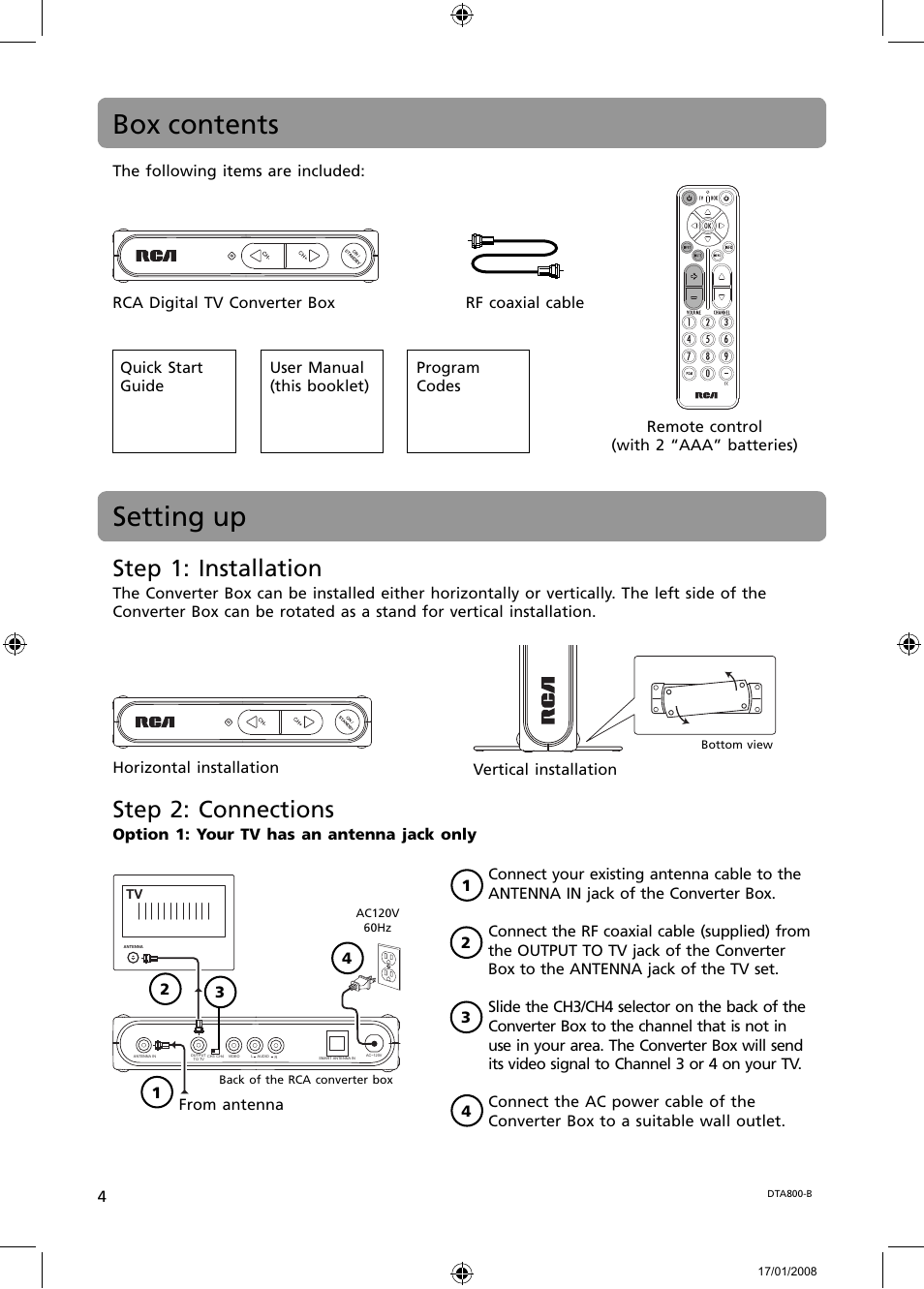 Box contents, Setting up, Step 2: connections | Step 1: installation | RCA B-008ATD User Manual | Page 4 / 28