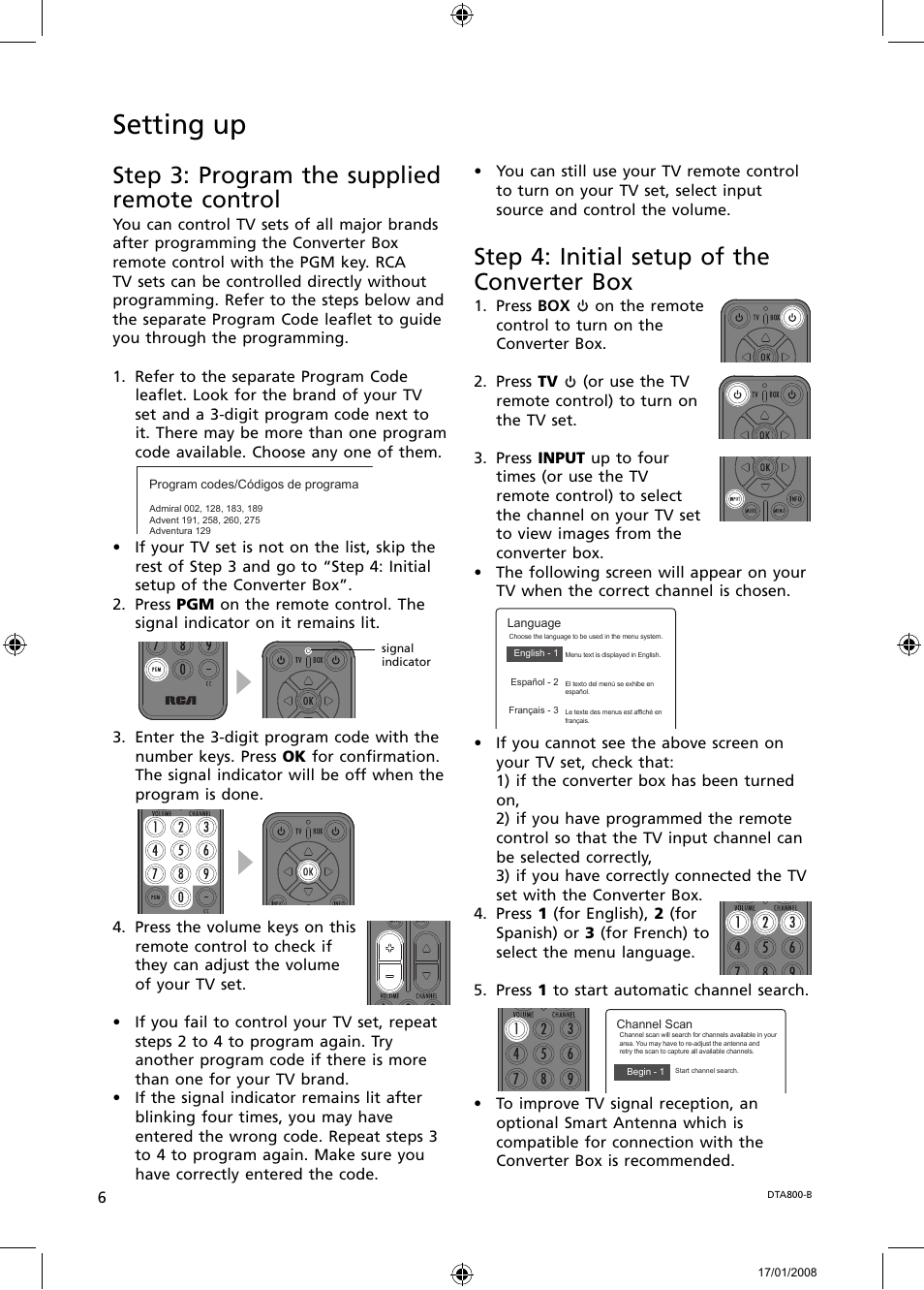 Setting up, Step 3: program the supplied remote control, Step 4: initial setup of the converter box | RCA B-008ATD User Manual | Page 6 / 28