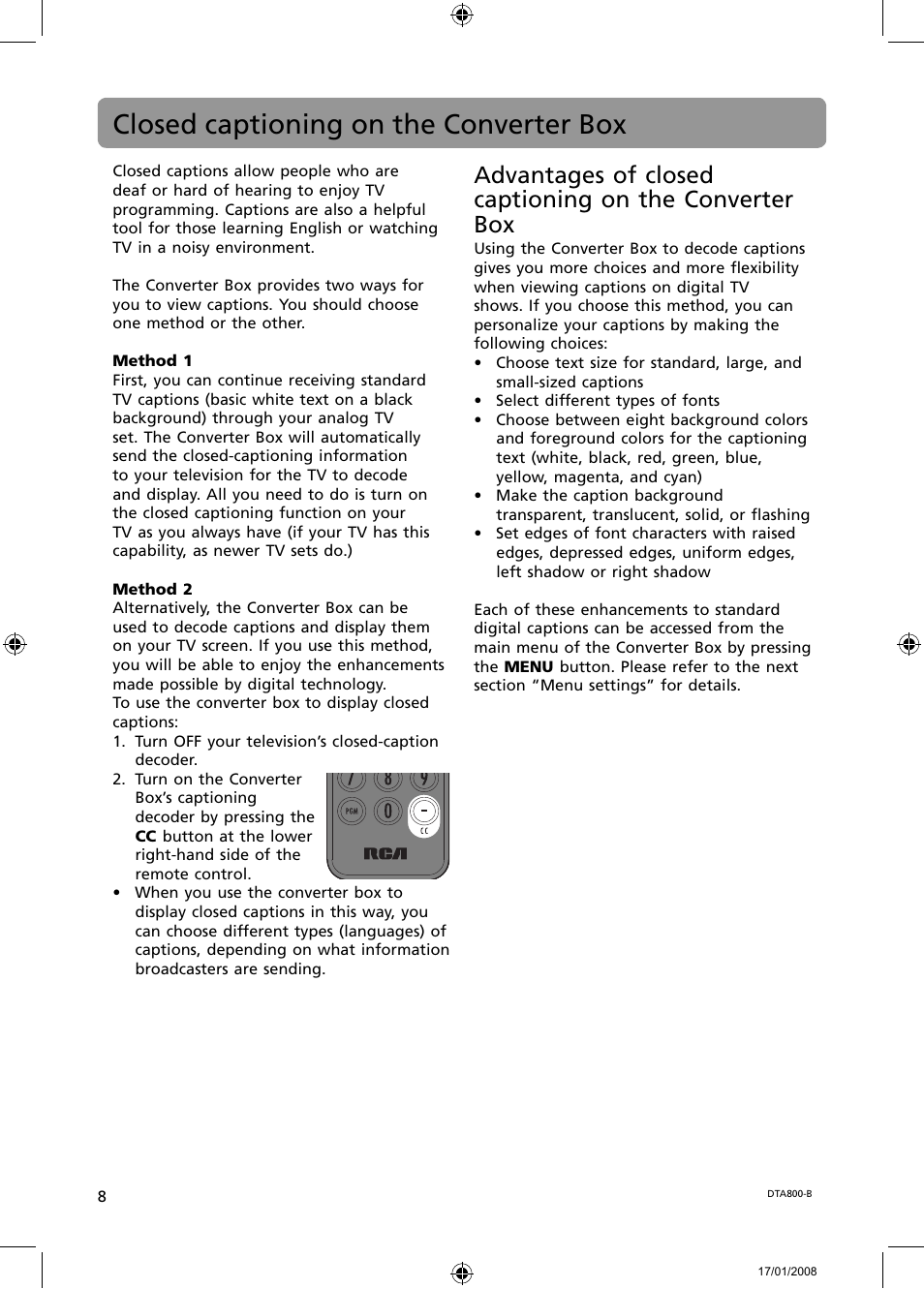 Closed captioning on the converter box | RCA B-008ATD User Manual | Page 8 / 28