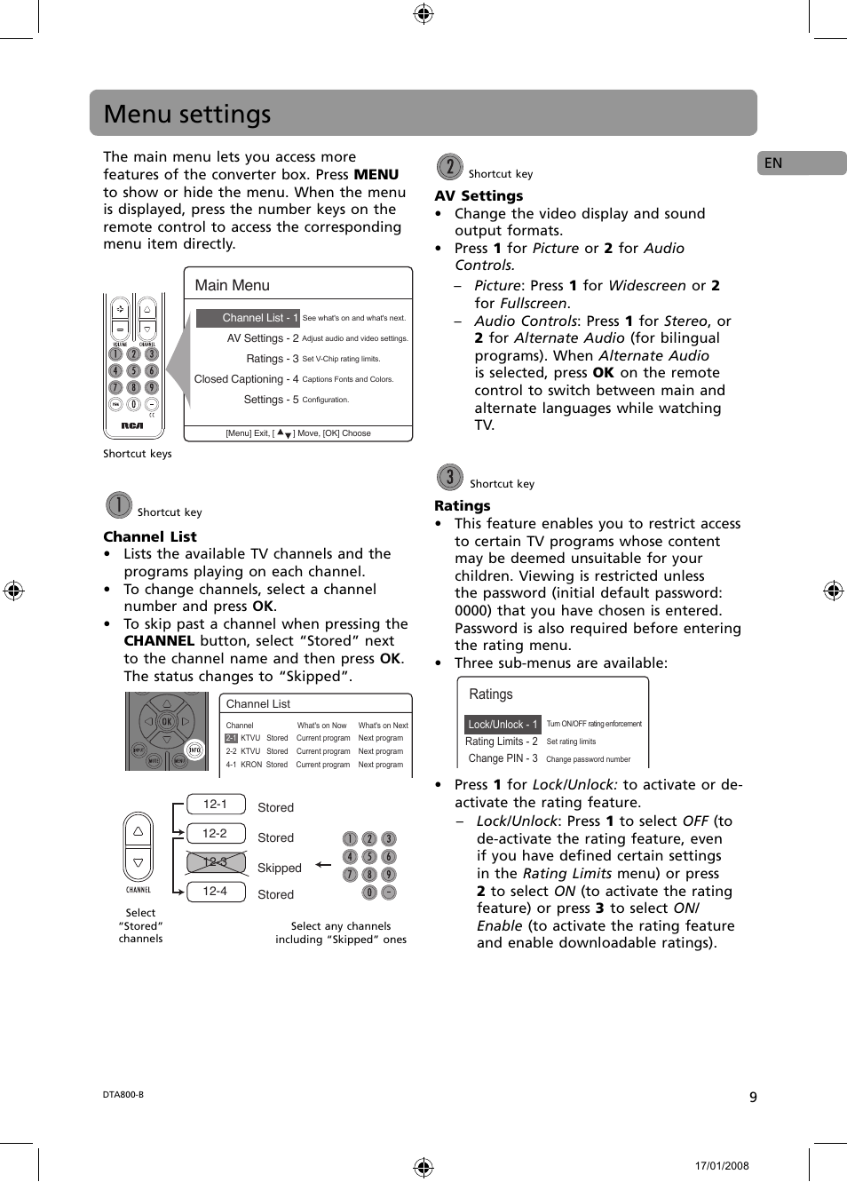 Menu settings, Main menu | RCA B-008ATD User Manual | Page 9 / 28