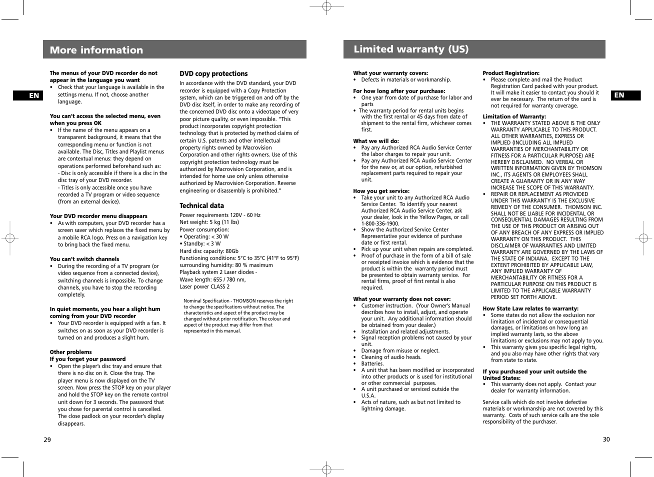 More information limited warranty (us) | RCA DRC8030N User Manual | Page 18 / 19