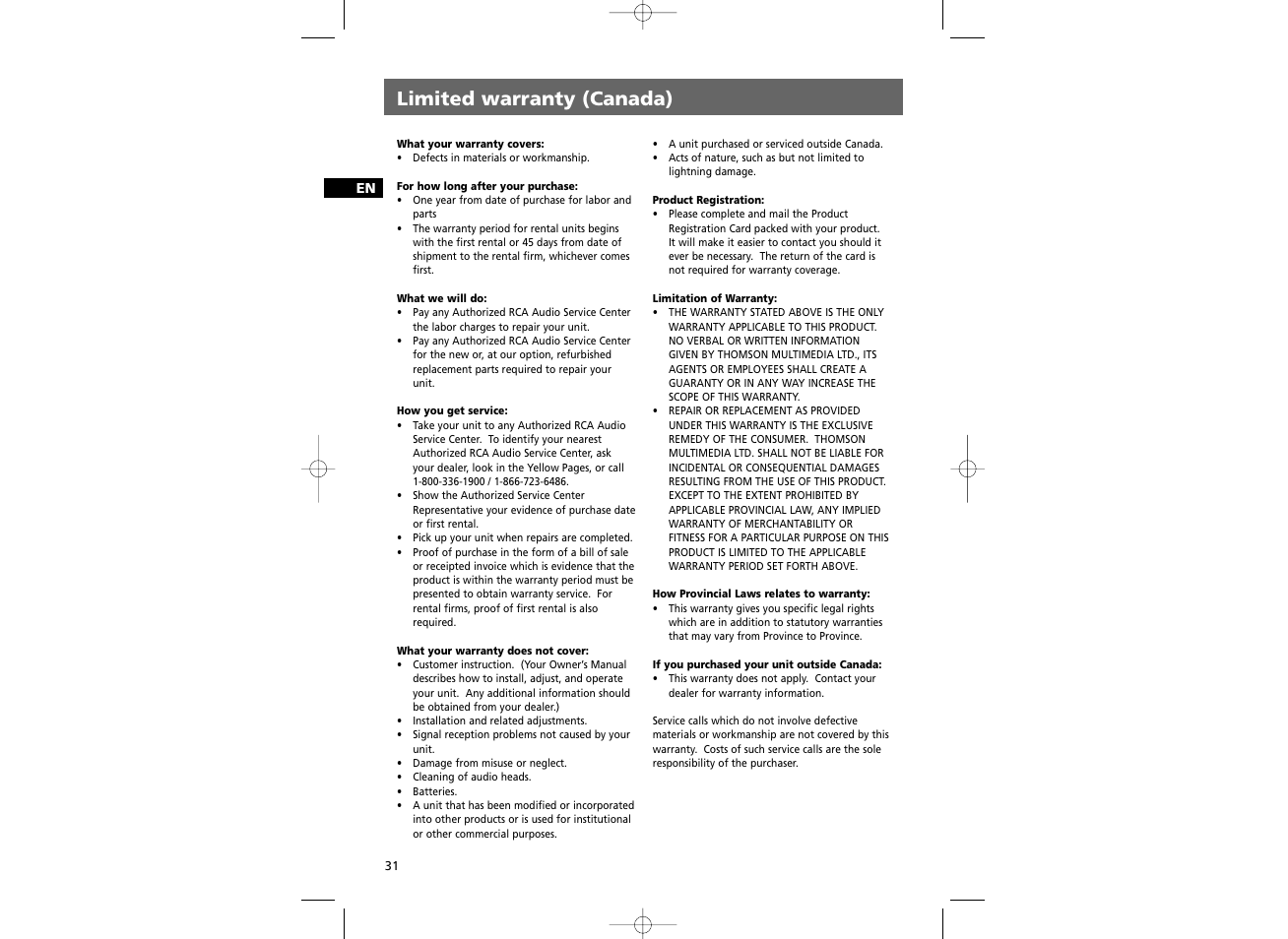Limited warranty (canada) | RCA DRC8030N User Manual | Page 19 / 19