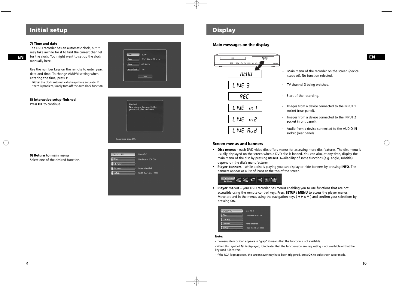 Display, Initial setup | RCA DRC8030N User Manual | Page 8 / 19