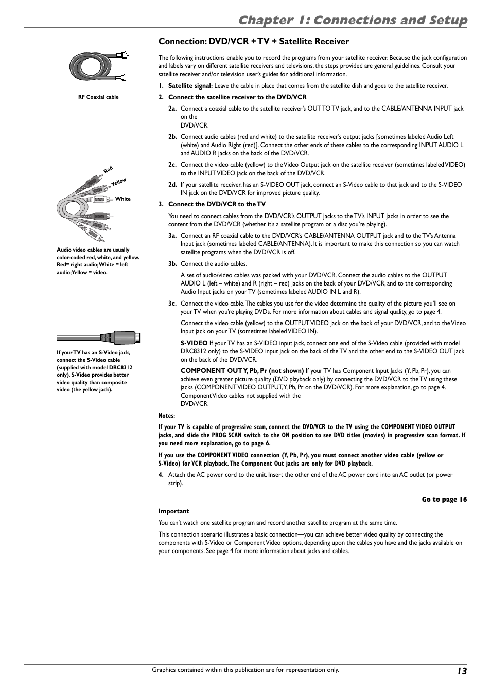 Chapter 1: connections and setup, Connection: dvd/vcr + tv + satellite receiver | RCA DVD Recorder/VCR Combo User Manual | Page 15 / 68